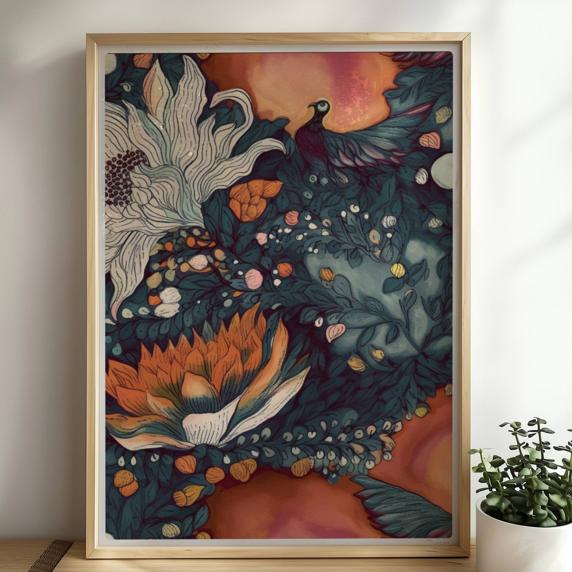 Kunstvolle abstrakte Blumenkomposition mit großen weißen und orangefarbenen Blüten, feinen Blättern und Vögeln auf einem warmen Hintergrund – hochwertige Flower Arts Illustration im quadratischen Format.. Rahmen natur 50x70