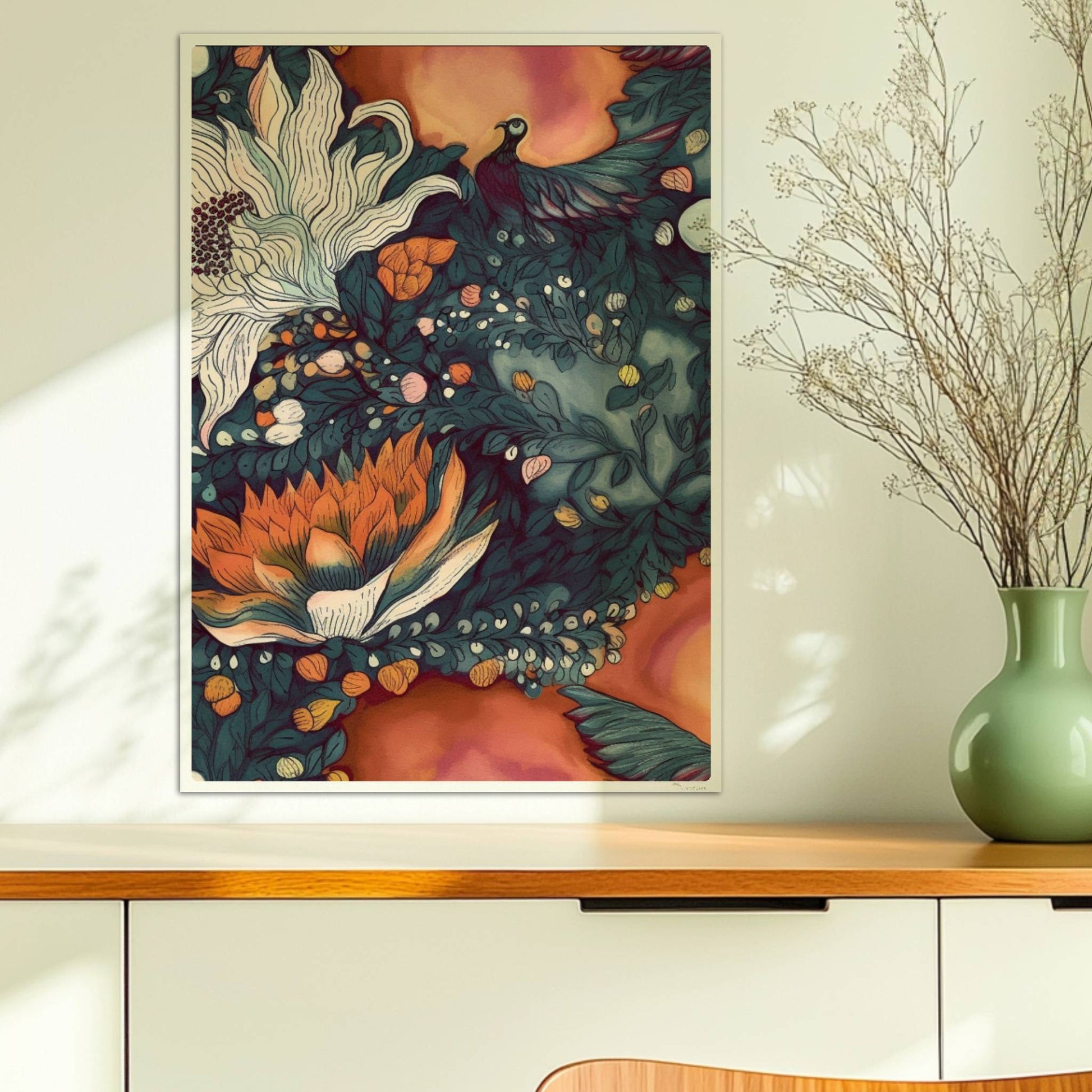 Kunstvolle abstrakte Blumenkomposition mit großen weißen und orangefarbenen Blüten, feinen Blättern und Vögeln auf einem warmen Hintergrund – hochwertige Flower Arts Illustration im quadratischen Format.. Ohne Rahmen 50x70