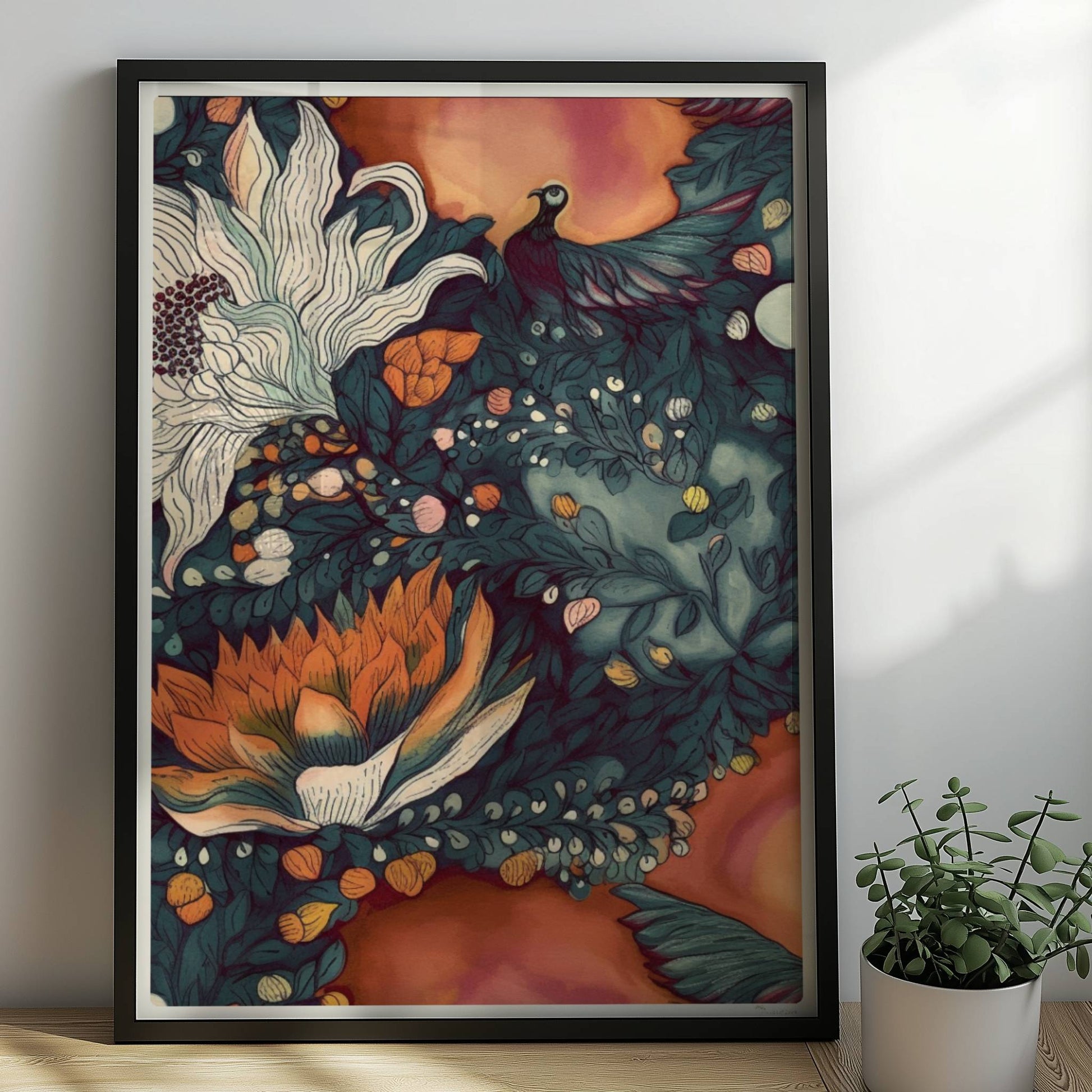 Kunstvolle abstrakte Blumenkomposition mit großen weißen und orangefarbenen Blüten, feinen Blättern und Vögeln auf einem warmen Hintergrund – hochwertige Flower Arts Illustration im quadratischen Format.. Rahmen schwarz 50x70