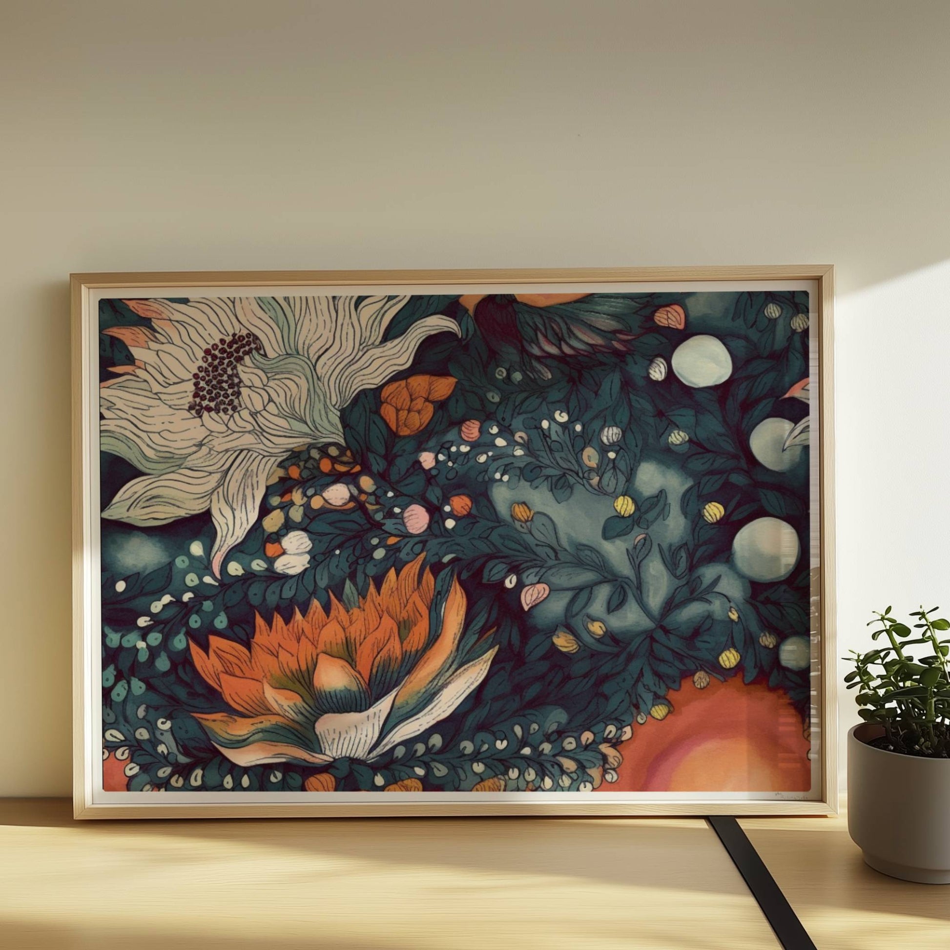 Kunstvolle abstrakte Blumenkomposition mit großen weißen und orangefarbenen Blüten, feinen Blättern und Vögeln auf einem warmen Hintergrund – hochwertige Flower Arts Illustration im quadratischen Format.. Rahmen natur 70x50