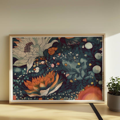 Kunstvolle abstrakte Blumenkomposition mit großen weißen und orangefarbenen Blüten, feinen Blättern und Vögeln auf einem warmen Hintergrund – hochwertige Flower Arts Illustration im quadratischen Format.. Rahmen natur 70x50