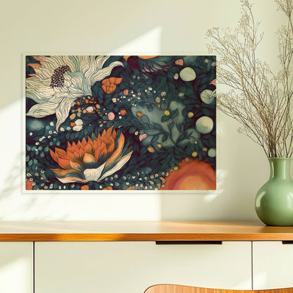 Kunstvolle abstrakte Blumenkomposition mit großen weißen und orangefarbenen Blüten, feinen Blättern und Vögeln auf einem warmen Hintergrund – hochwertige Flower Arts Illustration im quadratischen Format.. Ohne Rahmen 70x50