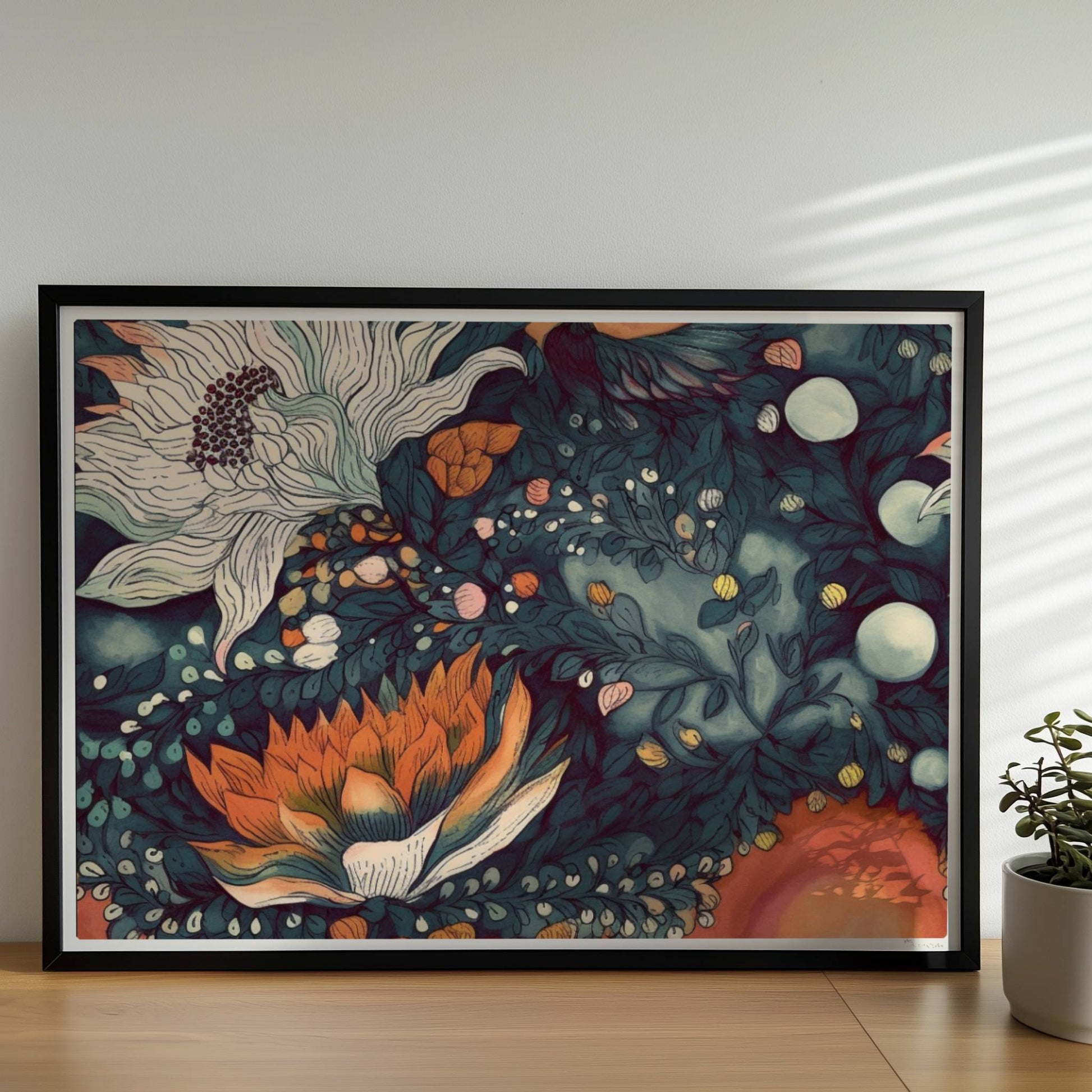 Kunstvolle abstrakte Blumenkomposition mit großen weißen und orangefarbenen Blüten, feinen Blättern und Vögeln auf einem warmen Hintergrund – hochwertige Flower Arts Illustration im quadratischen Format.. Rahmen schwarz 70x50