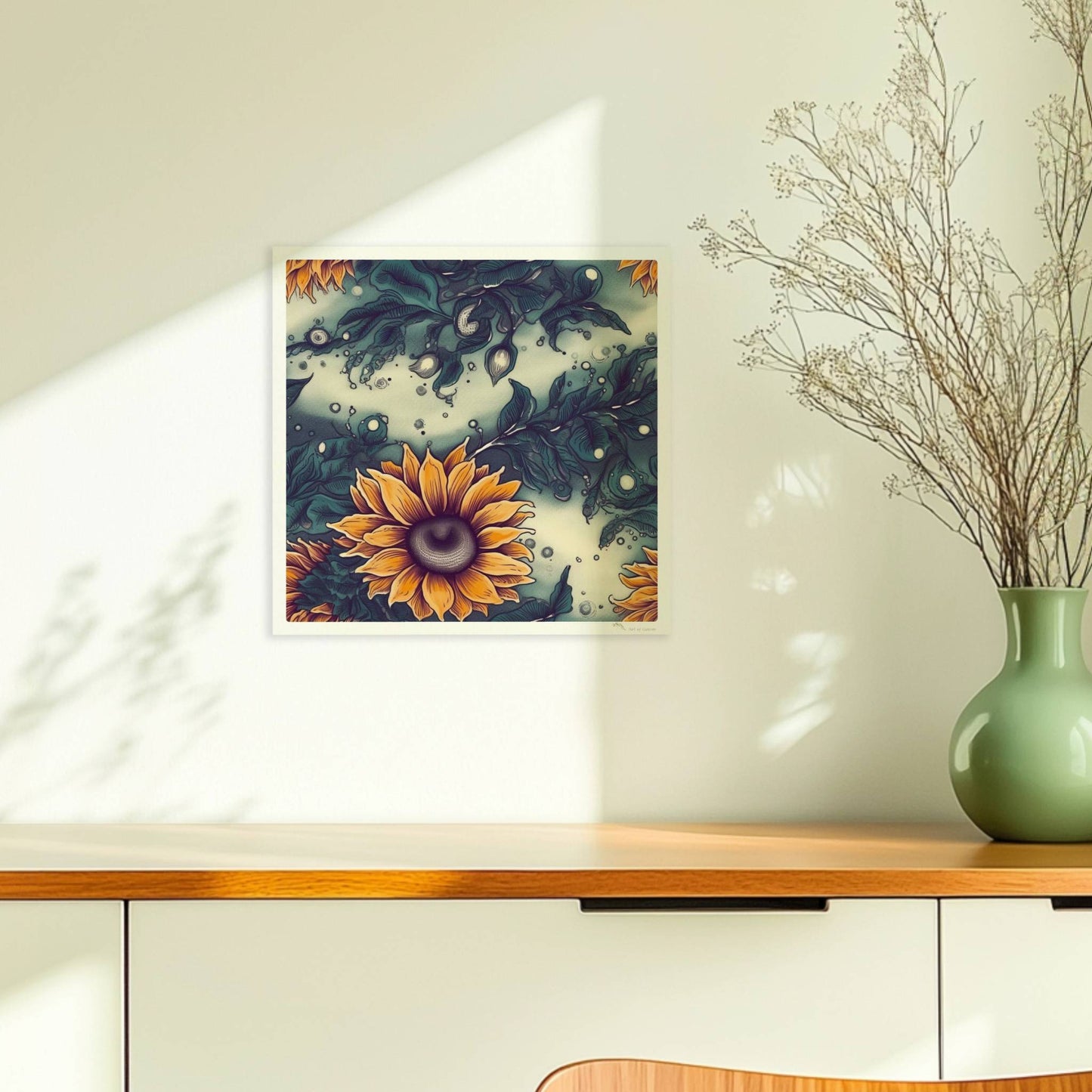 Detailreiche Wandkunst mit leuchtend gelben Sonnenblumen und tiefgrünem Laub vor einem sanft strukturierten Hintergrund – hochwertige Flower Arts Illustration im quadratischen Format.. Ohne Rahmen 30x30
