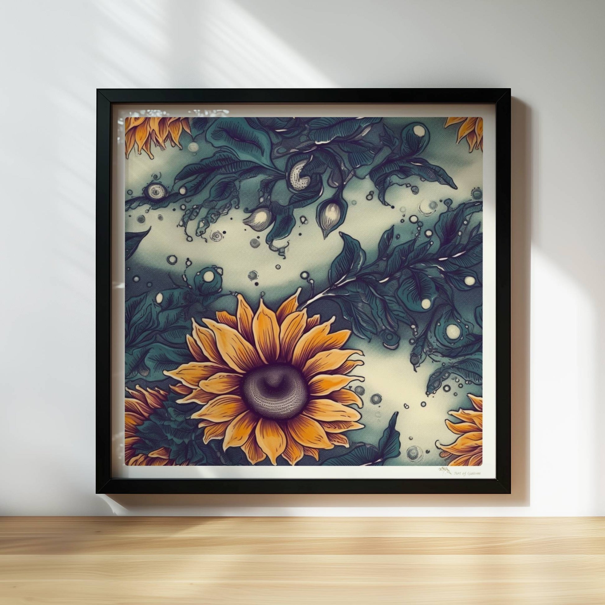 Detailreiche Wandkunst mit leuchtend gelben Sonnenblumen und tiefgrünem Laub vor einem sanft strukturierten Hintergrund – hochwertige Flower Arts Illustration im quadratischen Format.. Rahmen schwarz 30x30