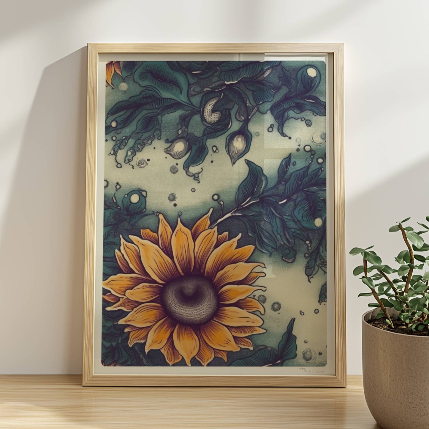 Detailreiche Wandkunst mit leuchtend gelben Sonnenblumen und tiefgrünem Laub vor einem sanft strukturierten Hintergrund – hochwertige Flower Arts Illustration im quadratischen Format.. Rahmen natur 30x40