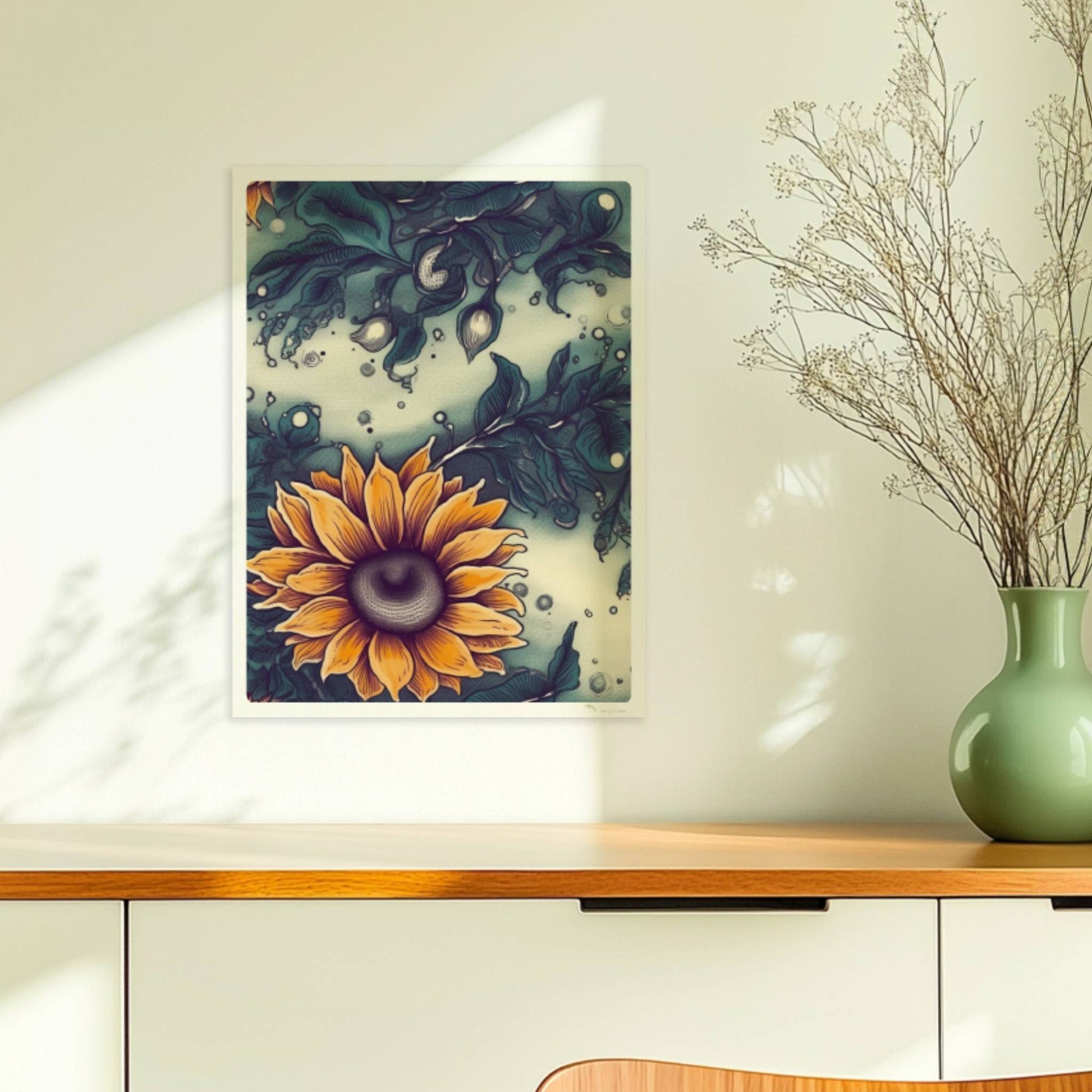 Detailreiche Wandkunst mit leuchtend gelben Sonnenblumen und tiefgrünem Laub vor einem sanft strukturierten Hintergrund – hochwertige Flower Arts Illustration im quadratischen Format.. Ohne Rahmen 30x40