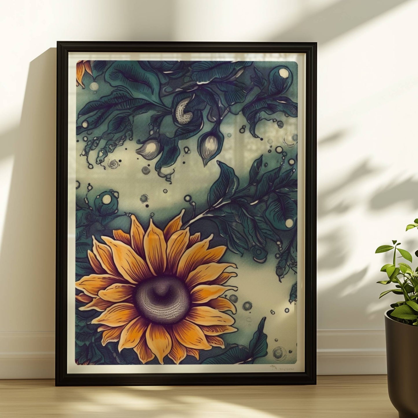 Detailreiche Wandkunst mit leuchtend gelben Sonnenblumen und tiefgrünem Laub vor einem sanft strukturierten Hintergrund – hochwertige Flower Arts Illustration im quadratischen Format.. Rahmen schwarz 30x40