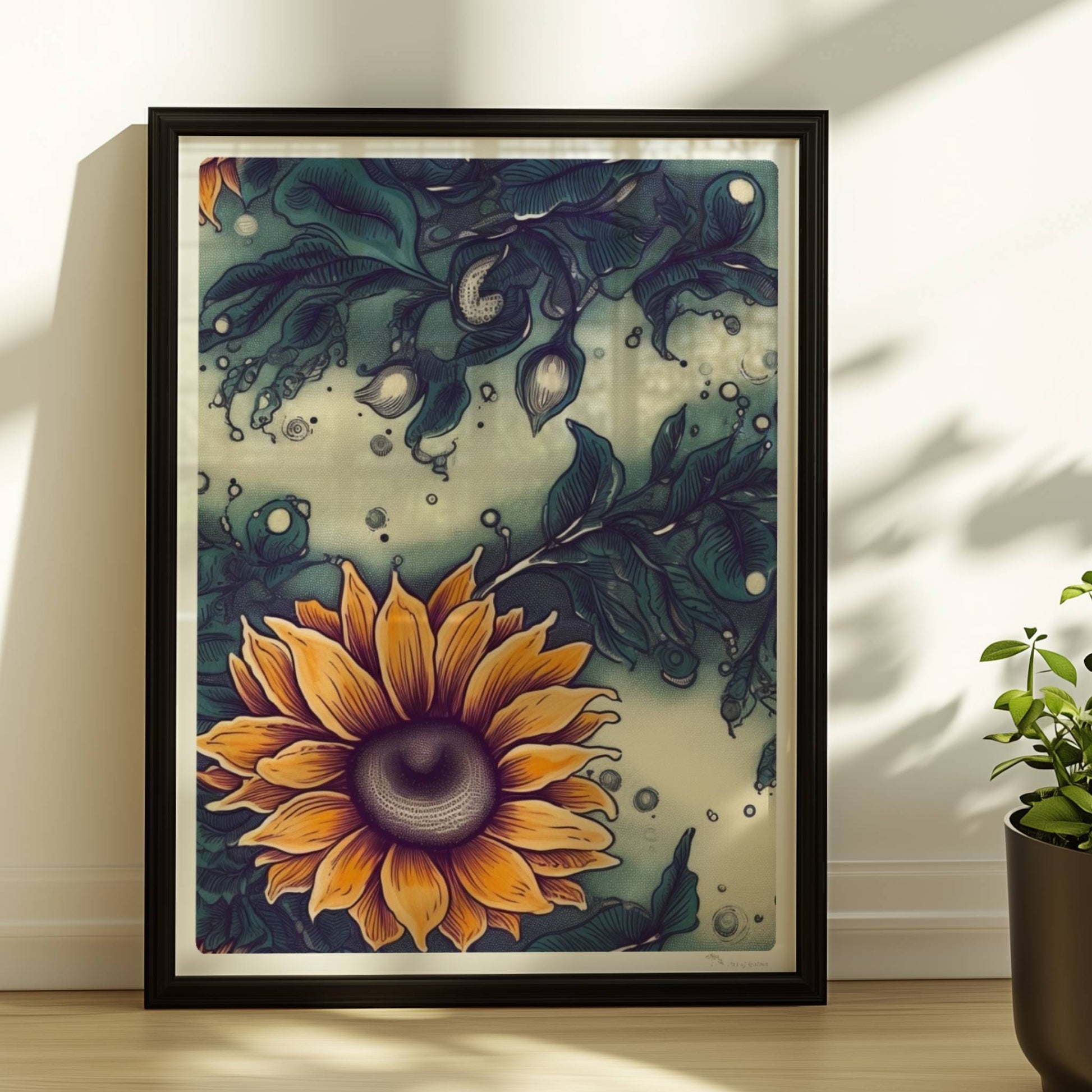 Detailreiche Wandkunst mit leuchtend gelben Sonnenblumen und tiefgrünem Laub vor einem sanft strukturierten Hintergrund – hochwertige Flower Arts Illustration im quadratischen Format.. Rahmen schwarz 30x40