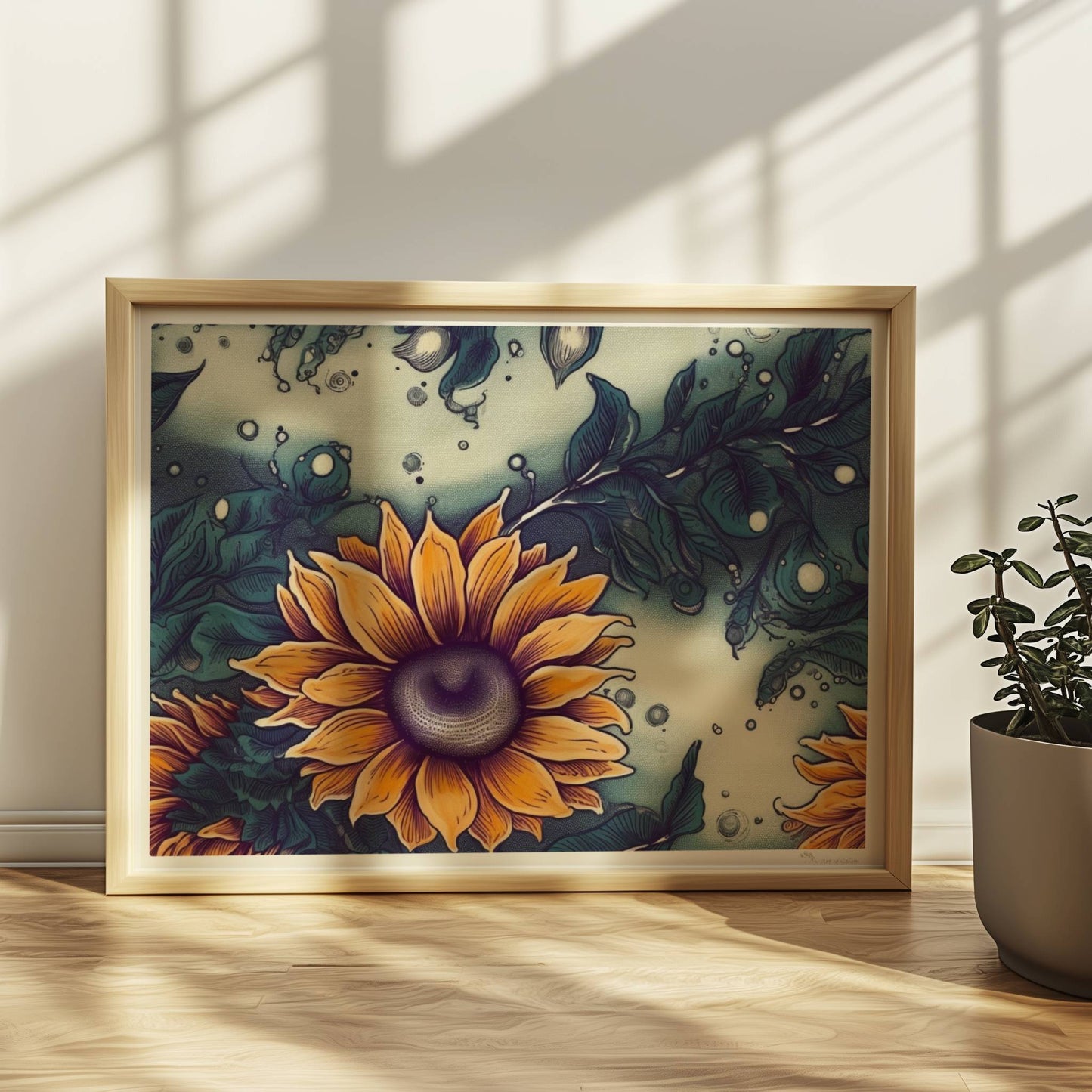 Detailreiche Wandkunst mit leuchtend gelben Sonnenblumen und tiefgrünem Laub vor einem sanft strukturierten Hintergrund – hochwertige Flower Arts Illustration im quadratischen Format.. Rahmen natur 40x30