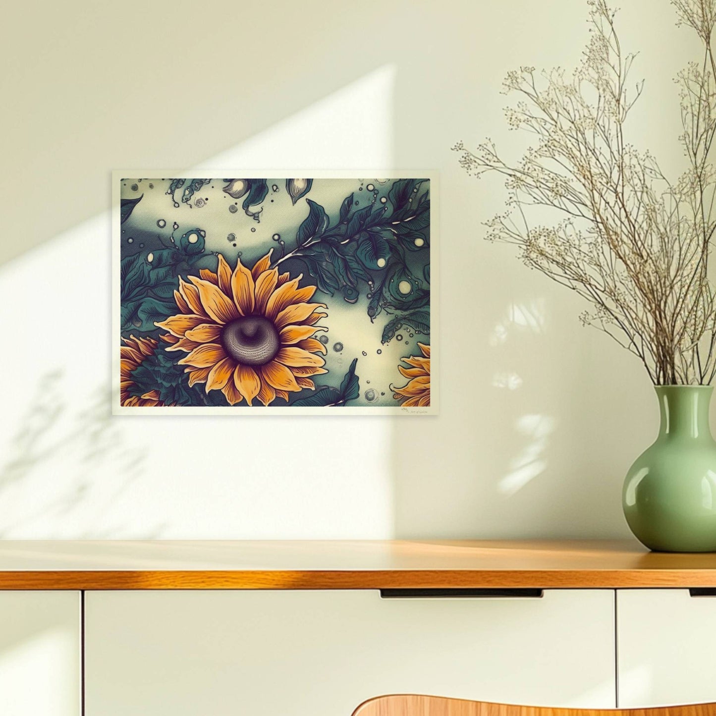 Detailreiche Wandkunst mit leuchtend gelben Sonnenblumen und tiefgrünem Laub vor einem sanft strukturierten Hintergrund – hochwertige Flower Arts Illustration im quadratischen Format.. Ohne Rahmen 40x30