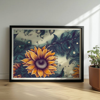 Detailreiche Wandkunst mit leuchtend gelben Sonnenblumen und tiefgrünem Laub vor einem sanft strukturierten Hintergrund – hochwertige Flower Arts Illustration im quadratischen Format.. Rahmen schwarz 40x30