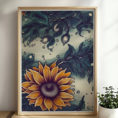 Detailreiche Wandkunst mit leuchtend gelben Sonnenblumen und tiefgrünem Laub vor einem sanft strukturierten Hintergrund – hochwertige Flower Arts Illustration im quadratischen Format.. Rahmen natur 50x70