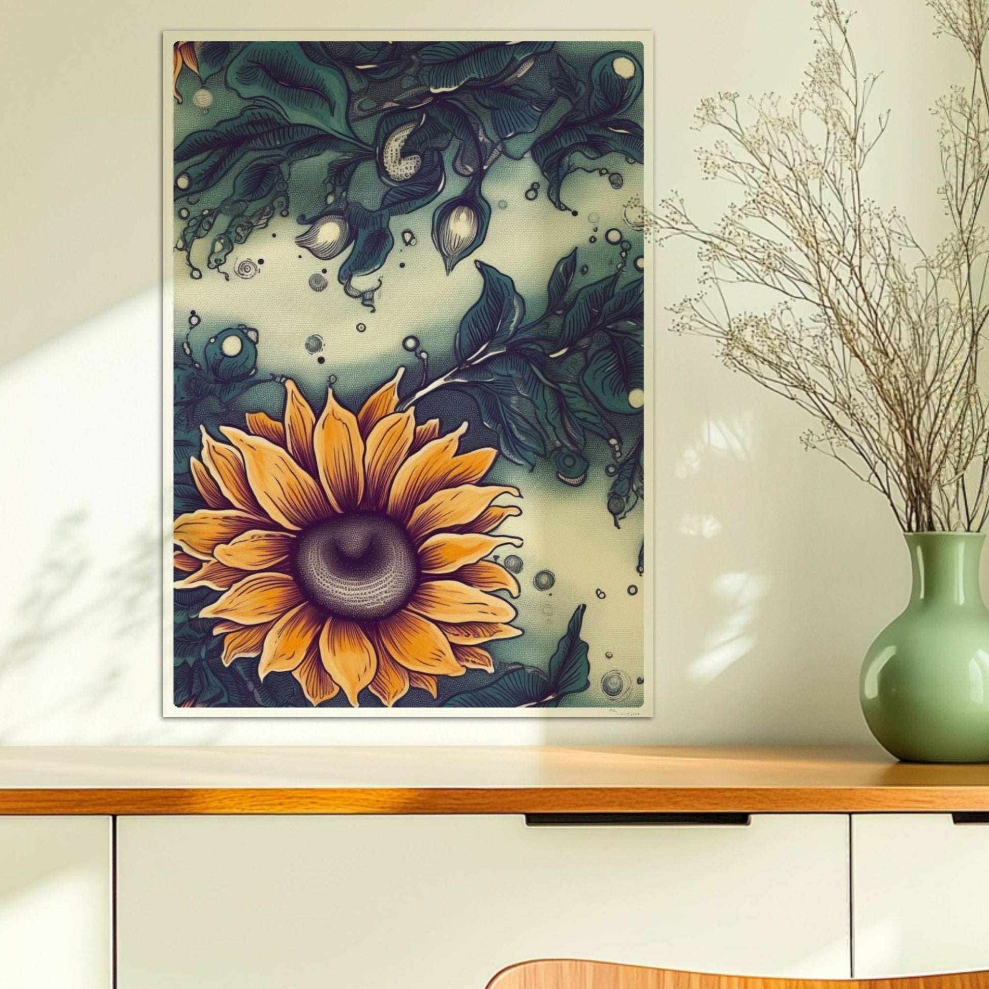 Detailreiche Wandkunst mit leuchtend gelben Sonnenblumen und tiefgrünem Laub vor einem sanft strukturierten Hintergrund – hochwertige Flower Arts Illustration im quadratischen Format.. Ohne Rahmen 50x70