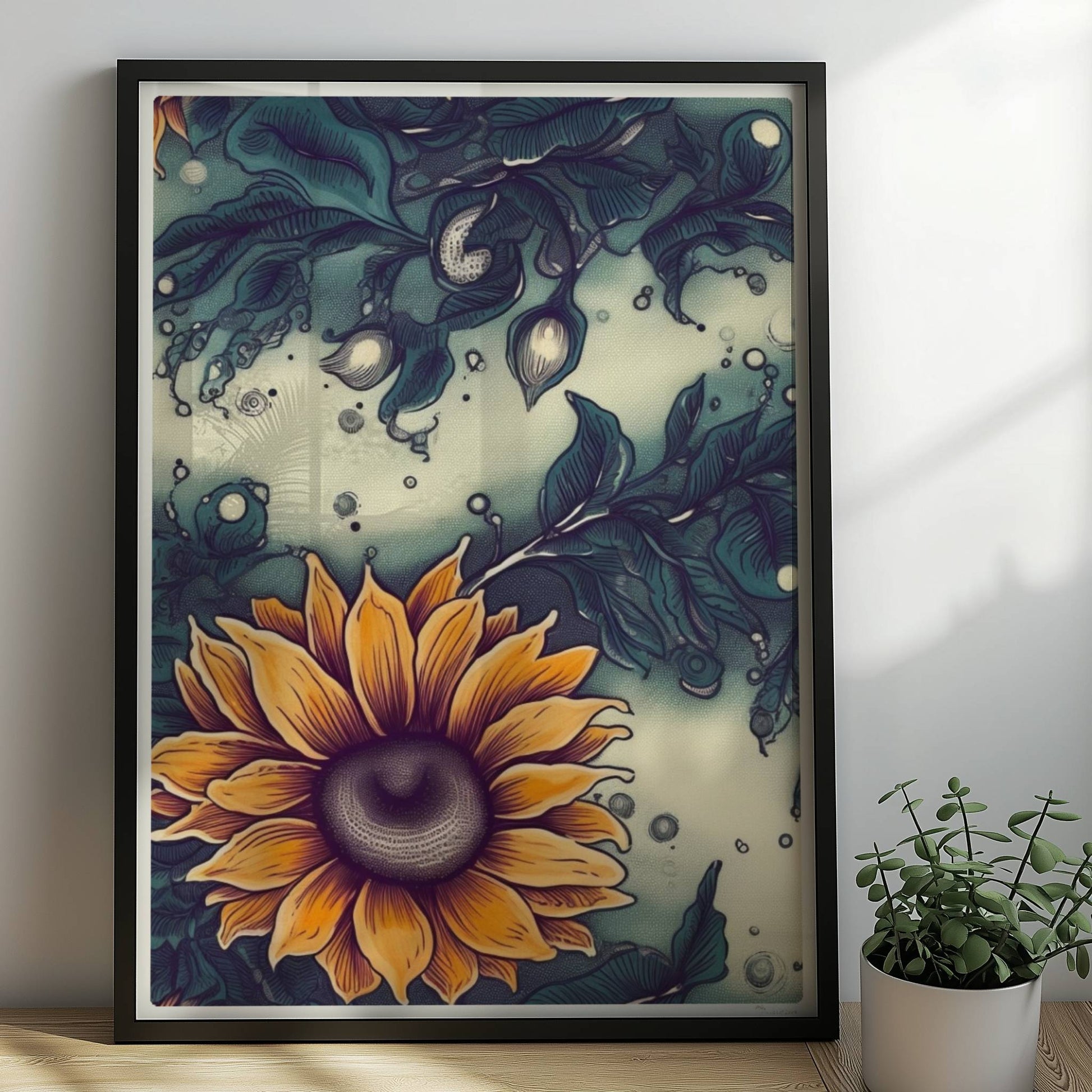 Detailreiche Wandkunst mit leuchtend gelben Sonnenblumen und tiefgrünem Laub vor einem sanft strukturierten Hintergrund – hochwertige Flower Arts Illustration im quadratischen Format.. Rahmen schwarz 50x70