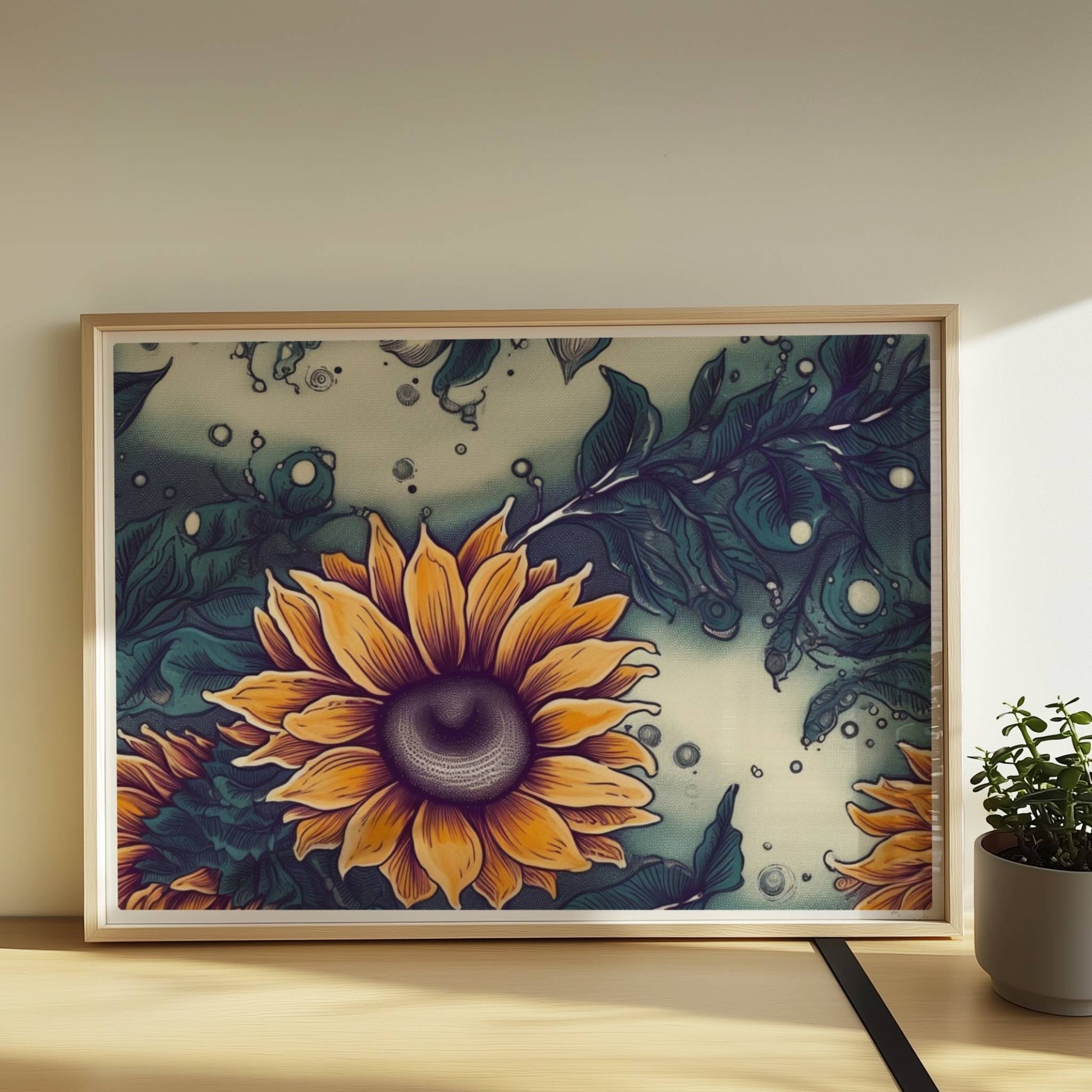 Detailreiche Wandkunst mit leuchtend gelben Sonnenblumen und tiefgrünem Laub vor einem sanft strukturierten Hintergrund – hochwertige Flower Arts Illustration im quadratischen Format.. Rahmen natur 70x50