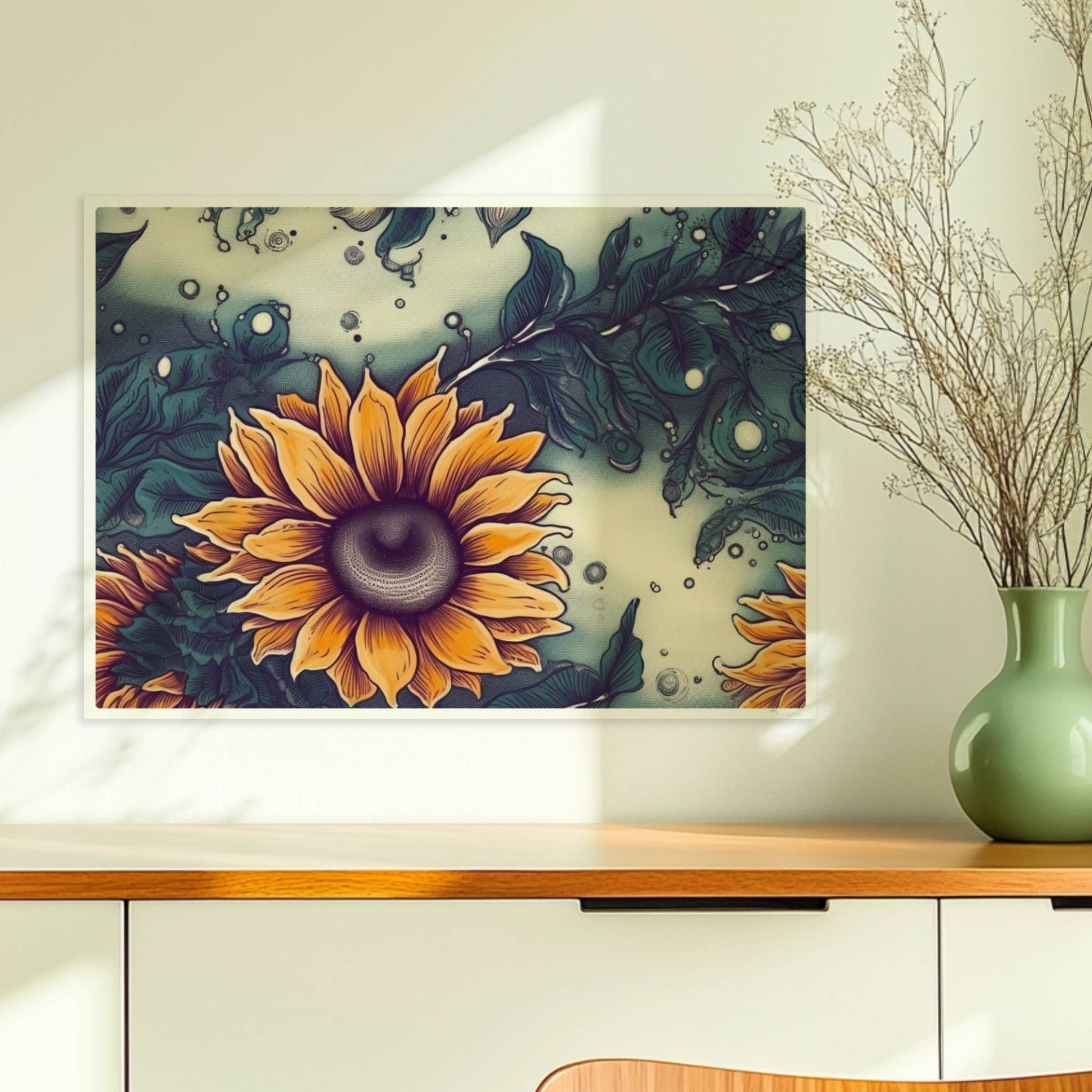 Detailreiche Wandkunst mit leuchtend gelben Sonnenblumen und tiefgrünem Laub vor einem sanft strukturierten Hintergrund – hochwertige Flower Arts Illustration im quadratischen Format.. Ohne Rahmen 70x50