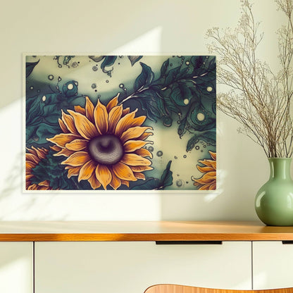 Detailreiche Wandkunst mit leuchtend gelben Sonnenblumen und tiefgrünem Laub vor einem sanft strukturierten Hintergrund – hochwertige Flower Arts Illustration im quadratischen Format.. Ohne Rahmen 70x50