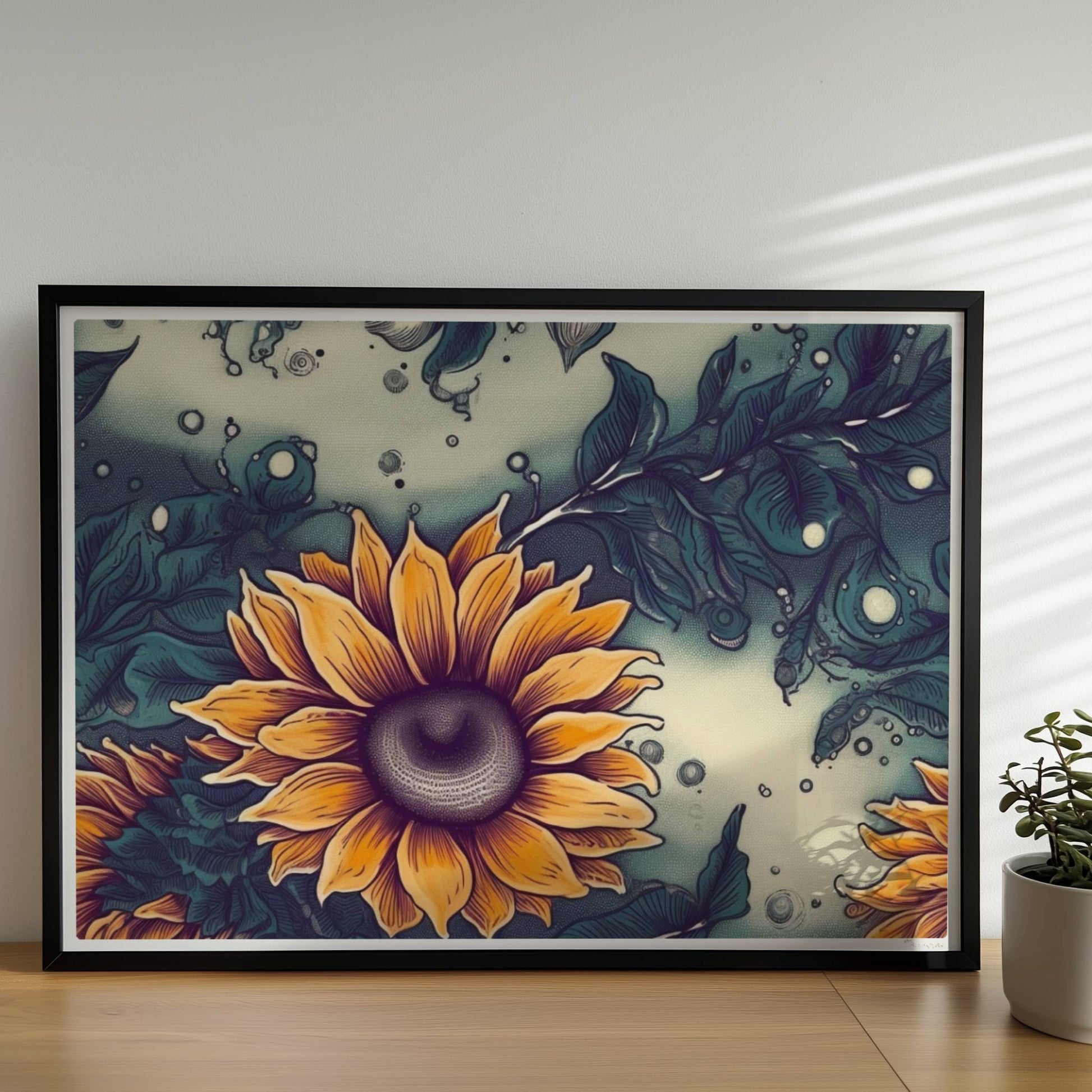 Detailreiche Wandkunst mit leuchtend gelben Sonnenblumen und tiefgrünem Laub vor einem sanft strukturierten Hintergrund – hochwertige Flower Arts Illustration im quadratischen Format.. Rahmen schwarz 70x50