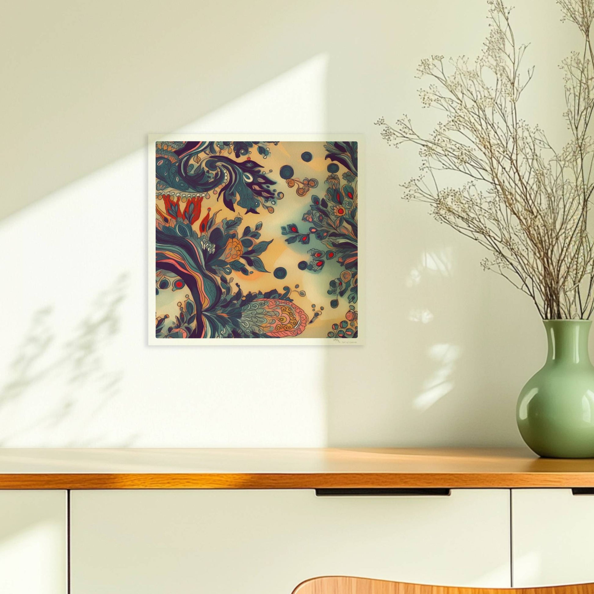Fantasievolle florale Wandkunst mit dynamischen, abstrakten Formen, inspiriert von botanischen Ornamenten und detailreichen floralen Wirbeln.. Ohne Rahmen 30x30