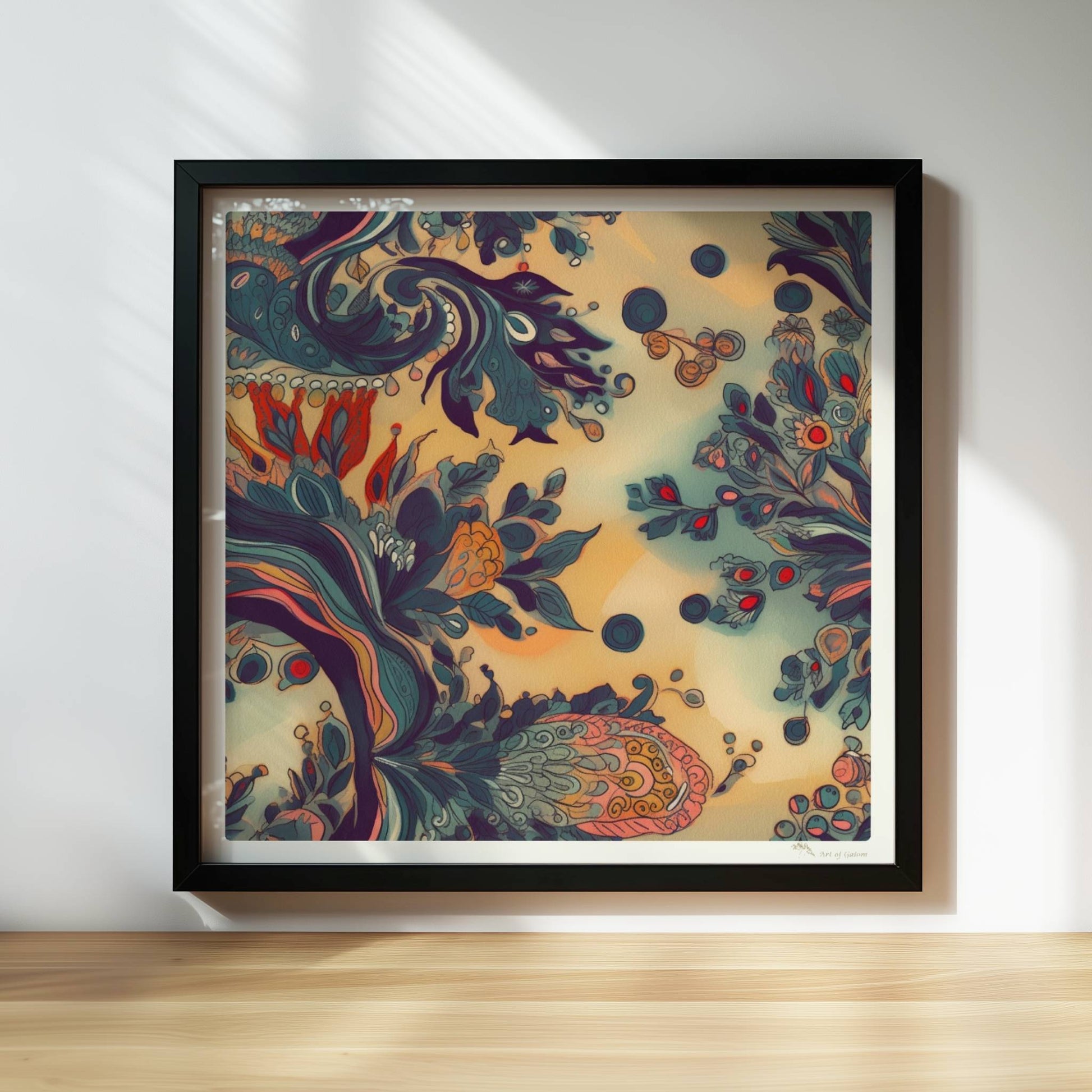 Fantasievolle florale Wandkunst mit dynamischen, abstrakten Formen, inspiriert von botanischen Ornamenten und detailreichen floralen Wirbeln.. Rahmen schwarz 30x30