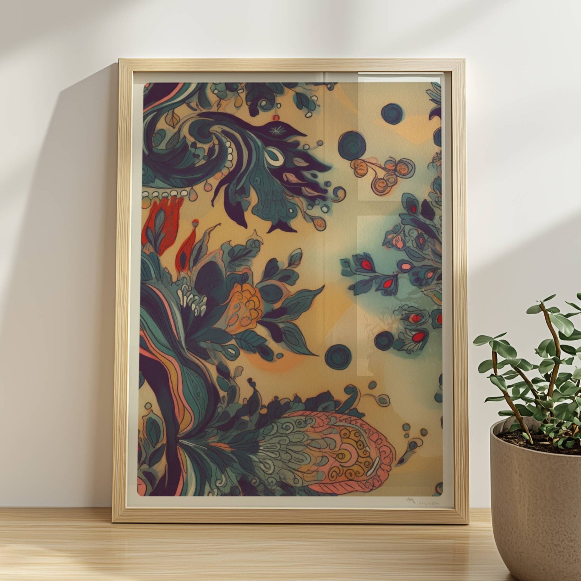 Fantasievolle florale Wandkunst mit dynamischen, abstrakten Formen, inspiriert von botanischen Ornamenten und detailreichen floralen Wirbeln.. Rahmen natur 30x40