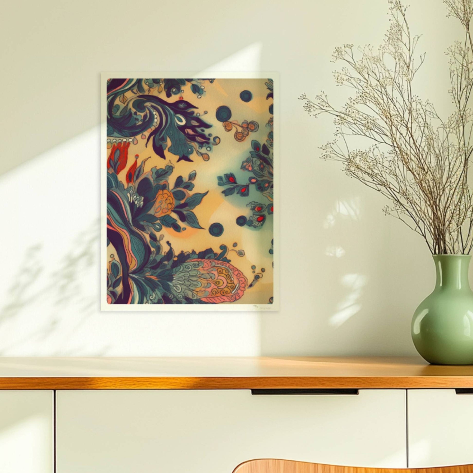Fantasievolle florale Wandkunst mit dynamischen, abstrakten Formen, inspiriert von botanischen Ornamenten und detailreichen floralen Wirbeln.. Ohne Rahmen 30x40