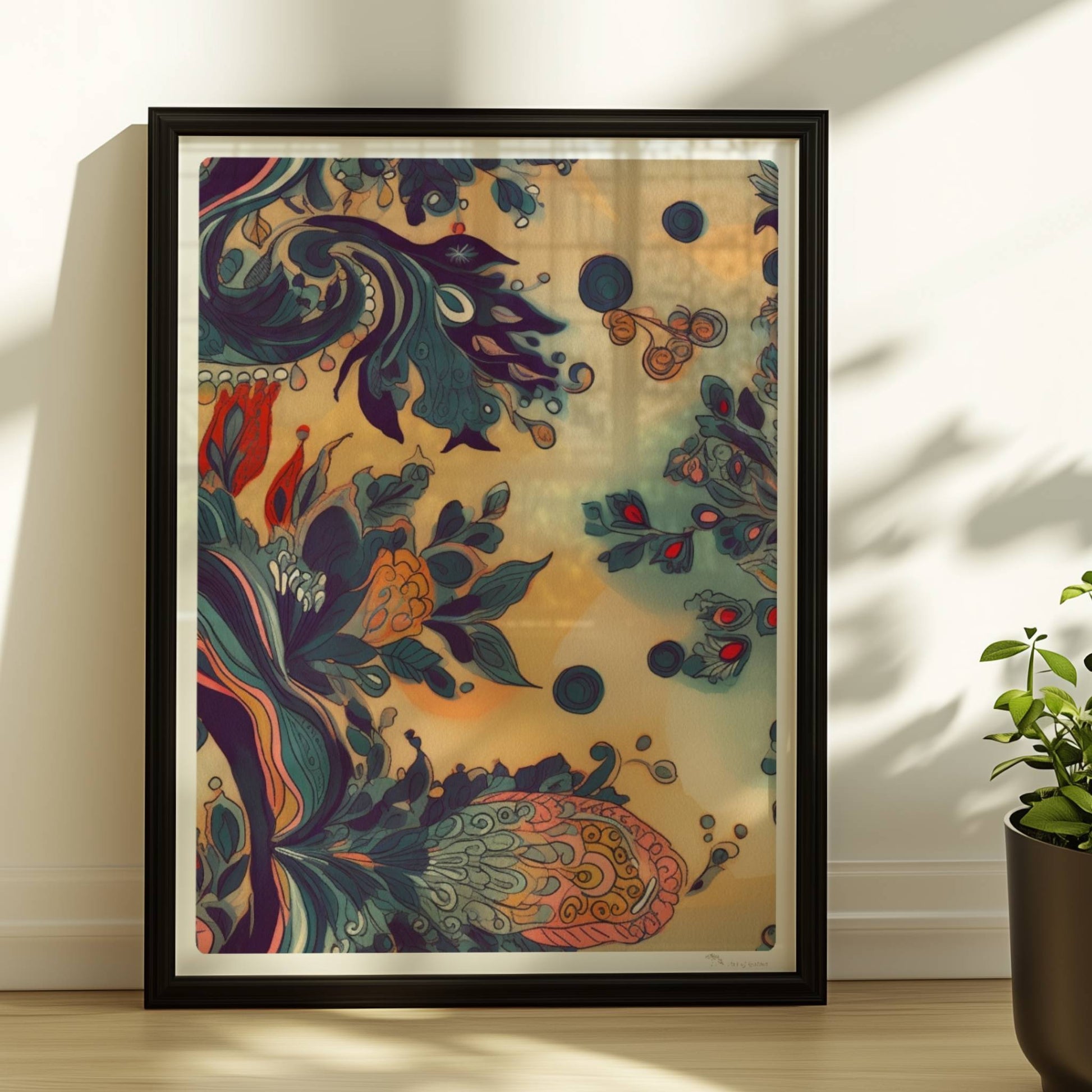 Fantasievolle florale Wandkunst mit dynamischen, abstrakten Formen, inspiriert von botanischen Ornamenten und detailreichen floralen Wirbeln.. Rahmen schwarz 30x40