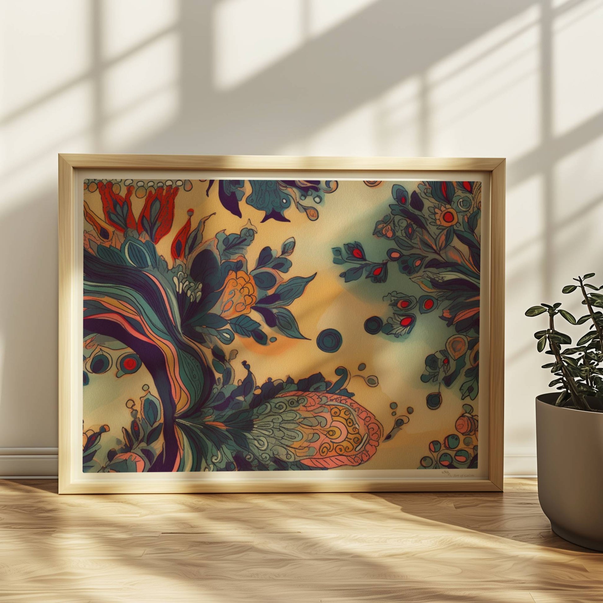 Fantasievolle florale Wandkunst mit dynamischen, abstrakten Formen, inspiriert von botanischen Ornamenten und detailreichen floralen Wirbeln.. Rahmen natur 40x30
