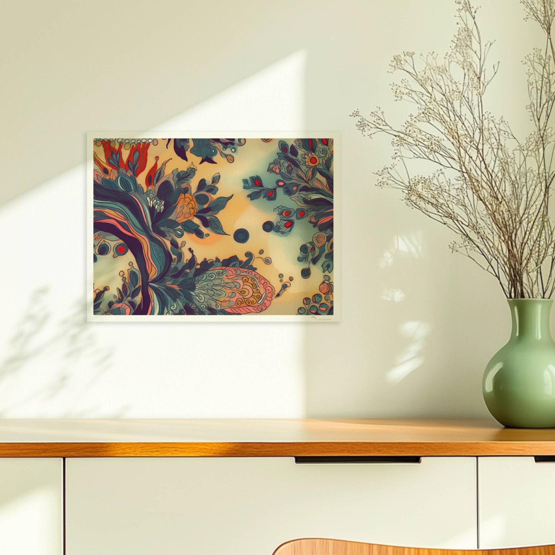 Fantasievolle florale Wandkunst mit dynamischen, abstrakten Formen, inspiriert von botanischen Ornamenten und detailreichen floralen Wirbeln.. Ohne Rahmen 40x30