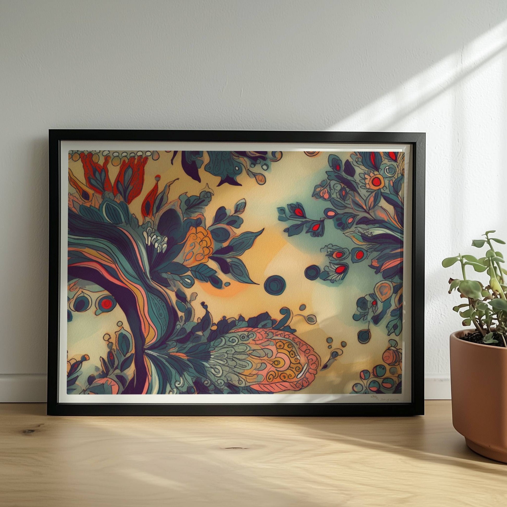 Fantasievolle florale Wandkunst mit dynamischen, abstrakten Formen, inspiriert von botanischen Ornamenten und detailreichen floralen Wirbeln.. Rahmen schwarz 40x30