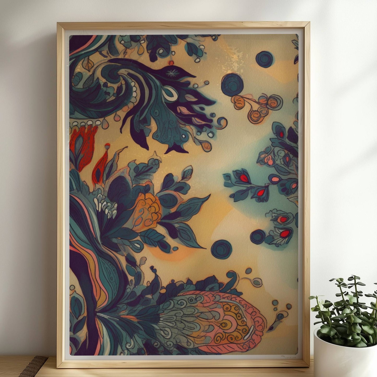 Fantasievolle florale Wandkunst mit dynamischen, abstrakten Formen, inspiriert von botanischen Ornamenten und detailreichen floralen Wirbeln.. Rahmen natur 50x70