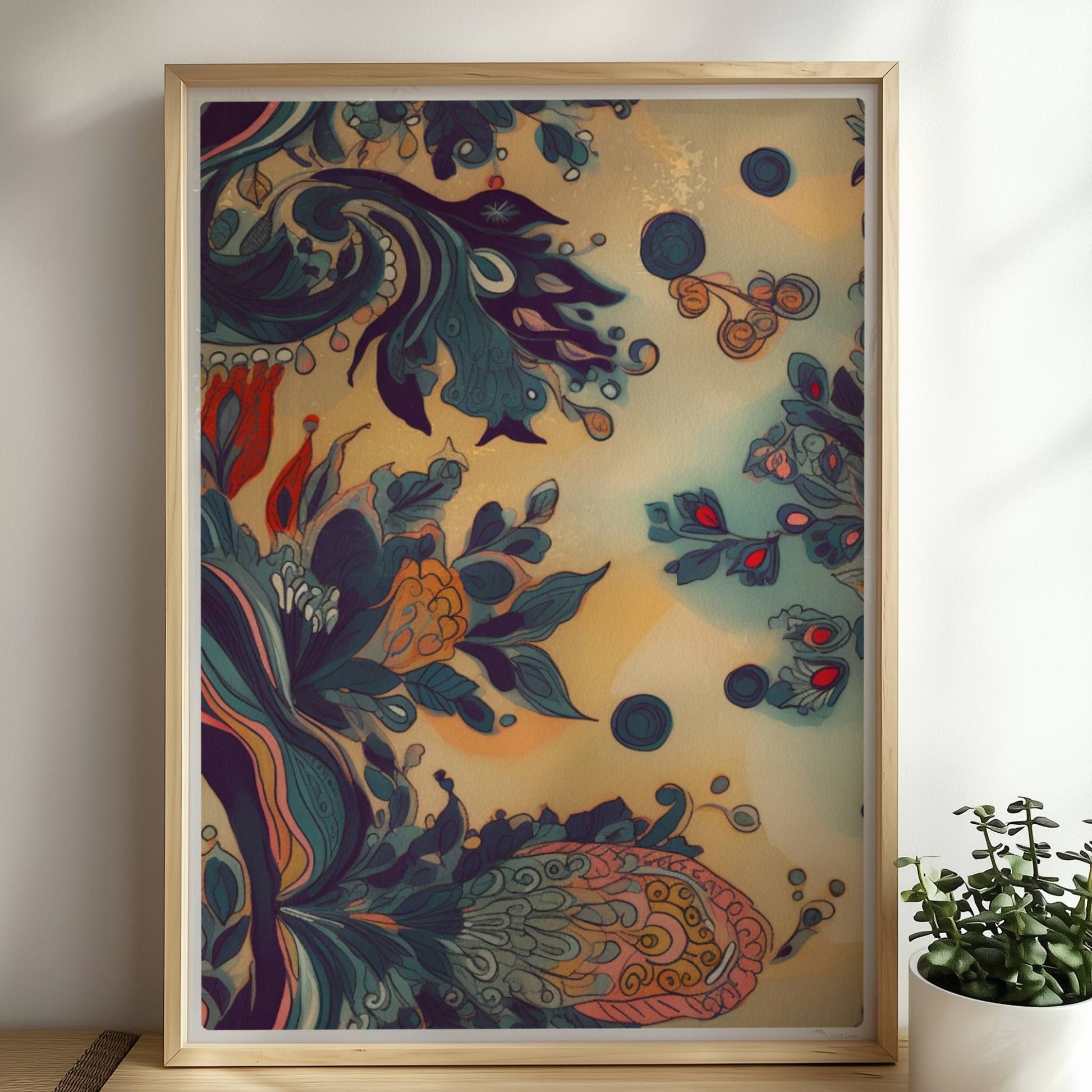Fantasievolle florale Wandkunst mit dynamischen, abstrakten Formen, inspiriert von botanischen Ornamenten und detailreichen floralen Wirbeln.. Rahmen natur 50x70