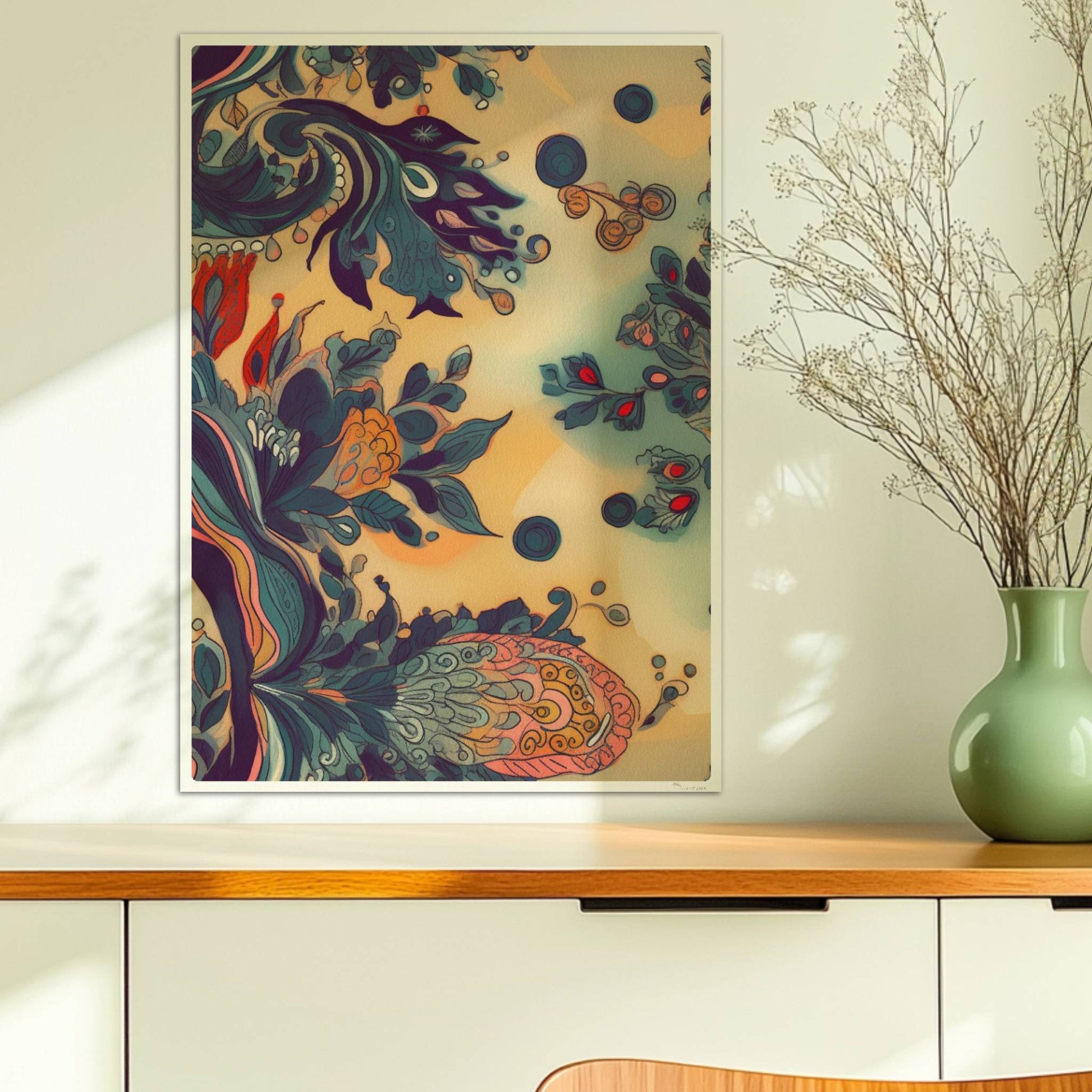 Fantasievolle florale Wandkunst mit dynamischen, abstrakten Formen, inspiriert von botanischen Ornamenten und detailreichen floralen Wirbeln.. Ohne Rahmen 50x70