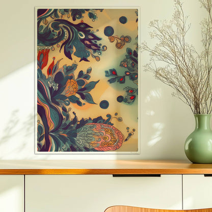 Fantasievolle florale Wandkunst mit dynamischen, abstrakten Formen, inspiriert von botanischen Ornamenten und detailreichen floralen Wirbeln.. Ohne Rahmen 50x70
