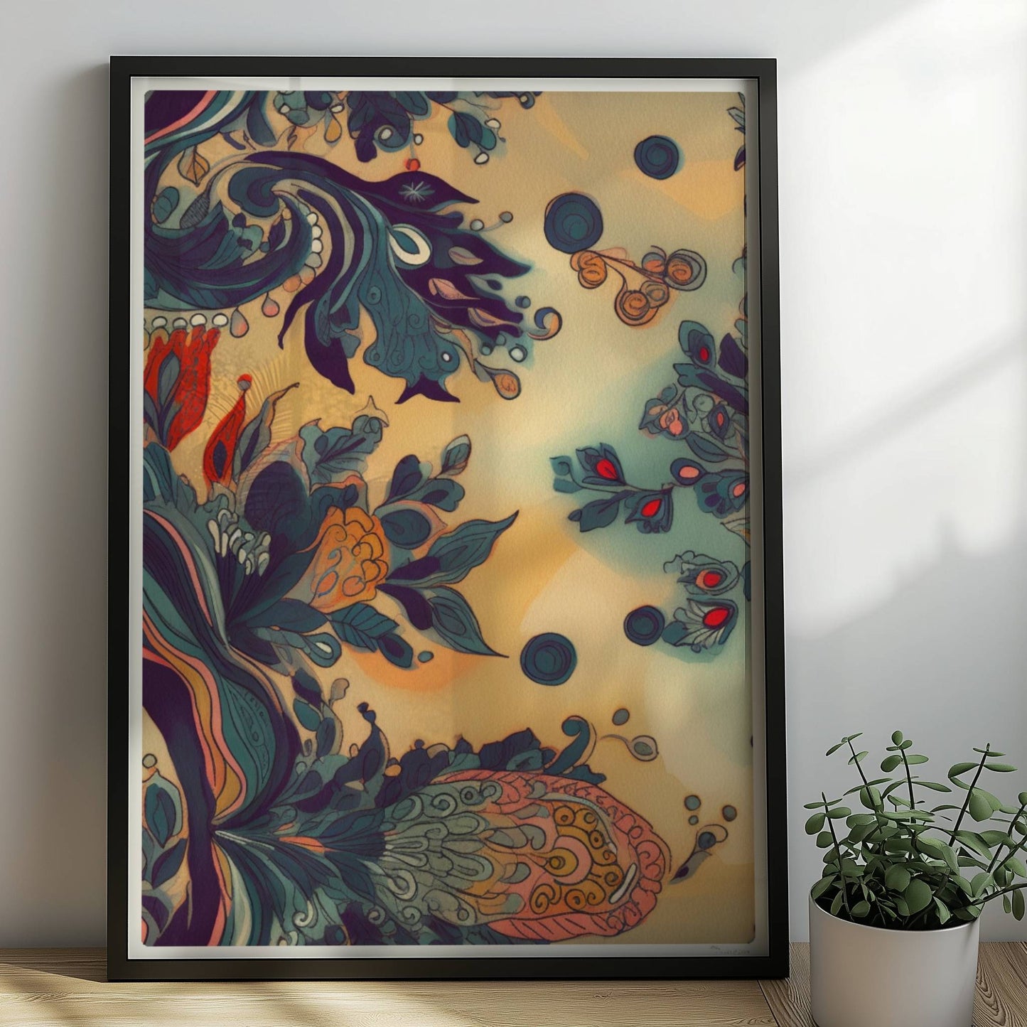 Fantasievolle florale Wandkunst mit dynamischen, abstrakten Formen, inspiriert von botanischen Ornamenten und detailreichen floralen Wirbeln.. Rahmen schwarz 50x70