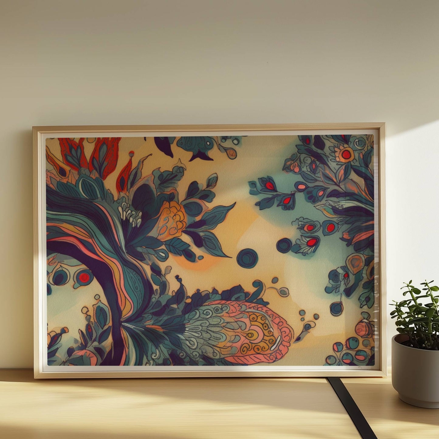 Fantasievolle florale Wandkunst mit dynamischen, abstrakten Formen, inspiriert von botanischen Ornamenten und detailreichen floralen Wirbeln.. Rahmen natur 70x50