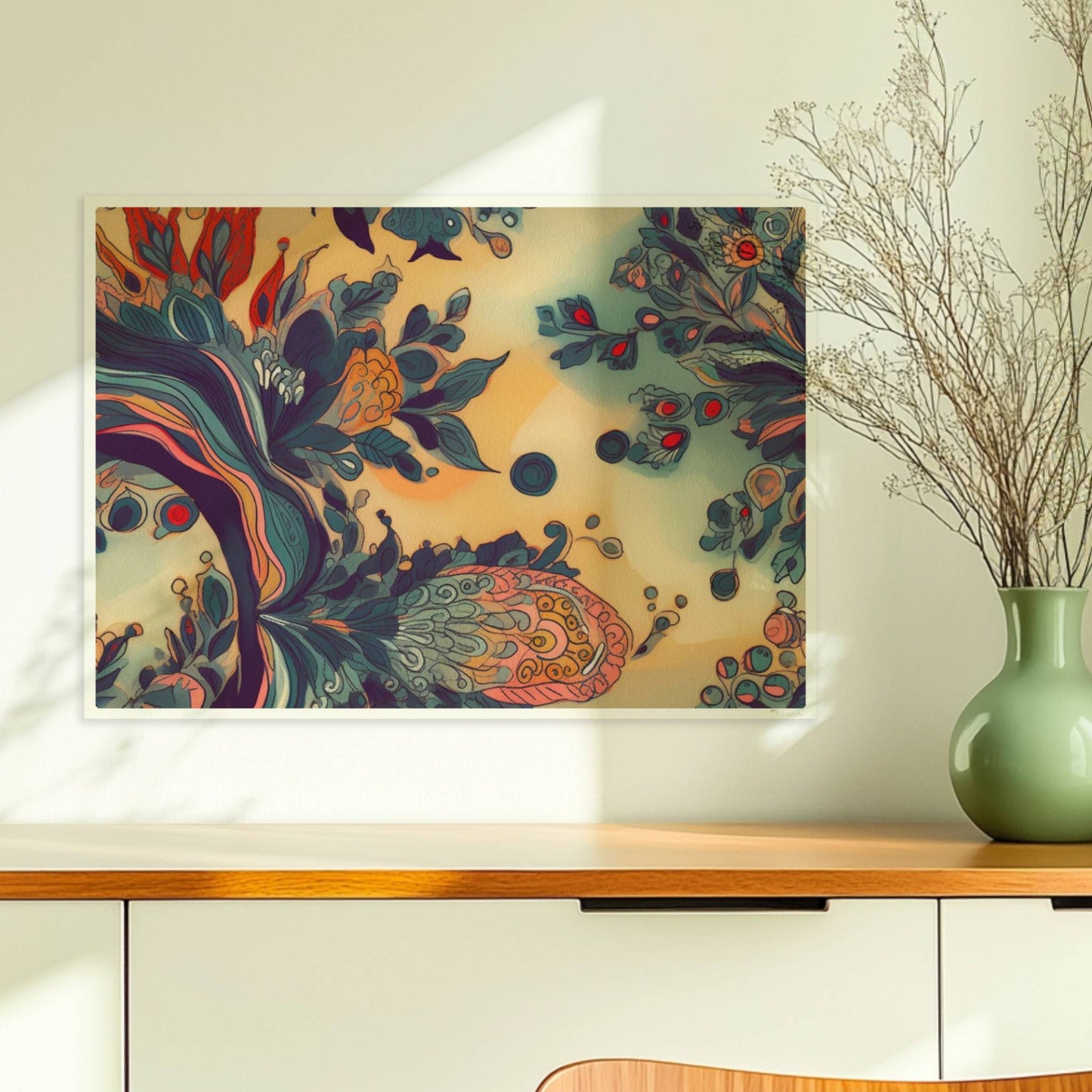 Fantasievolle florale Wandkunst mit dynamischen, abstrakten Formen, inspiriert von botanischen Ornamenten und detailreichen floralen Wirbeln.. Ohne Rahmen 70x50