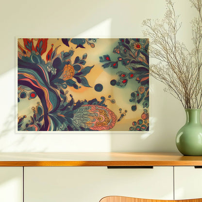 Fantasievolle florale Wandkunst mit dynamischen, abstrakten Formen, inspiriert von botanischen Ornamenten und detailreichen floralen Wirbeln.. Ohne Rahmen 70x50