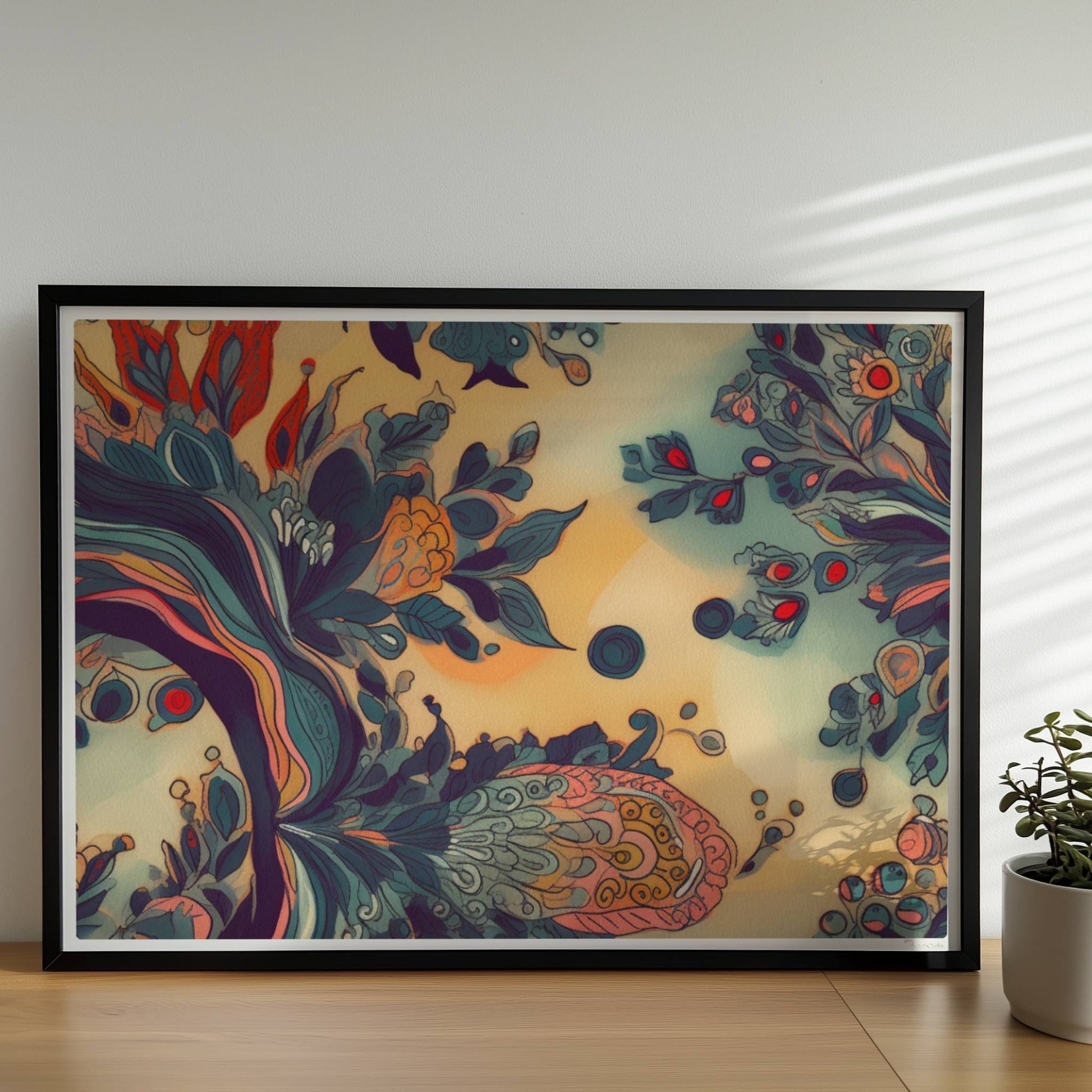 Fantasievolle florale Wandkunst mit dynamischen, abstrakten Formen, inspiriert von botanischen Ornamenten und detailreichen floralen Wirbeln.. Rahmen schwarz 70x50