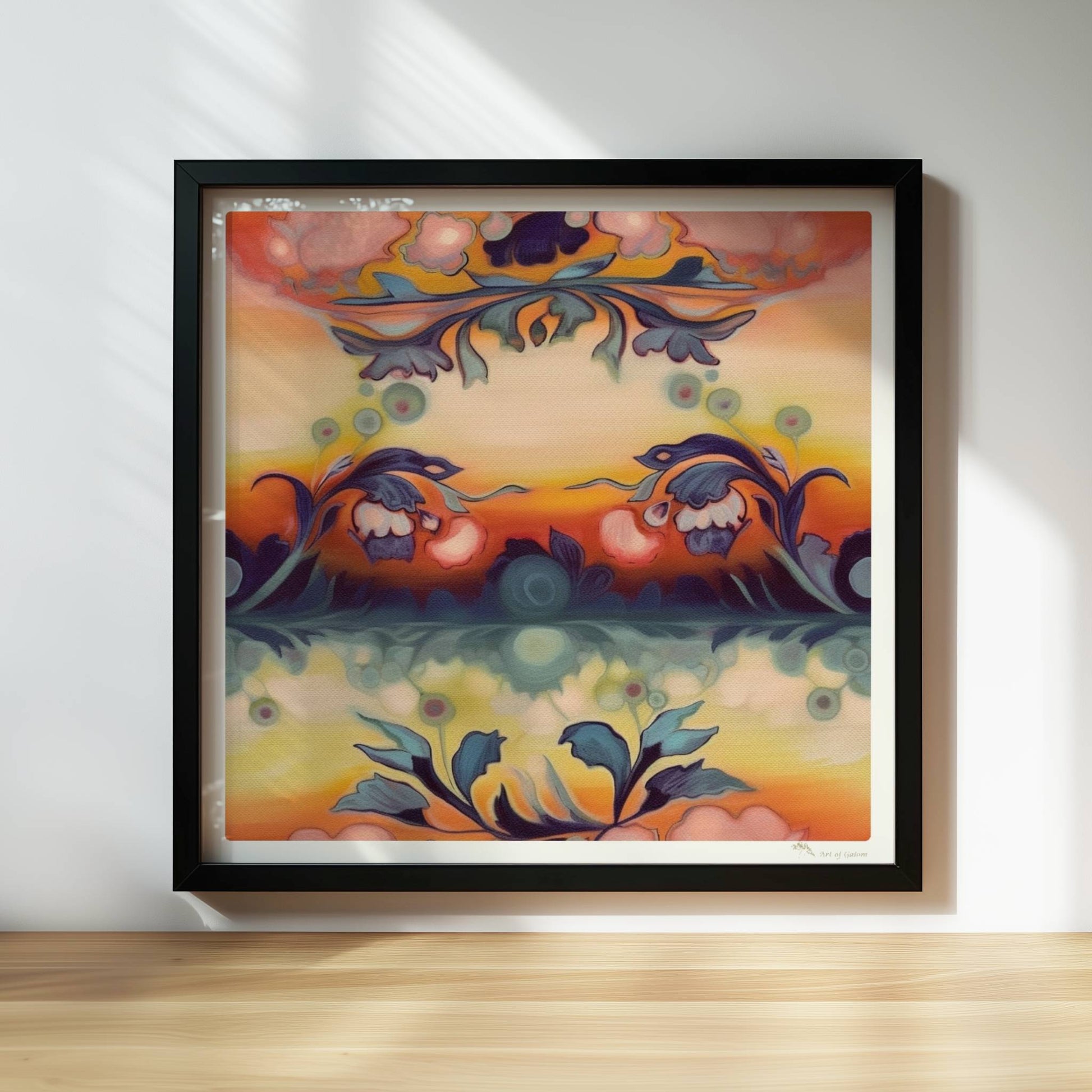 Symmetrische florale Komposition mit ornamentalen Elementen, ideal für dekorative Wandgestaltung im klassischen Stil.. Rahmen schwarz 30x30