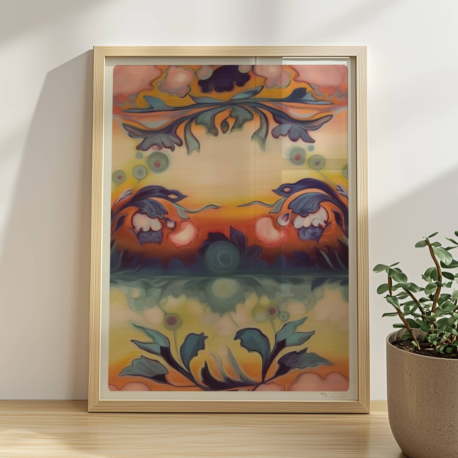 Symmetrische florale Komposition mit ornamentalen Elementen, ideal für dekorative Wandgestaltung im klassischen Stil.. Rahmen natur 30x40