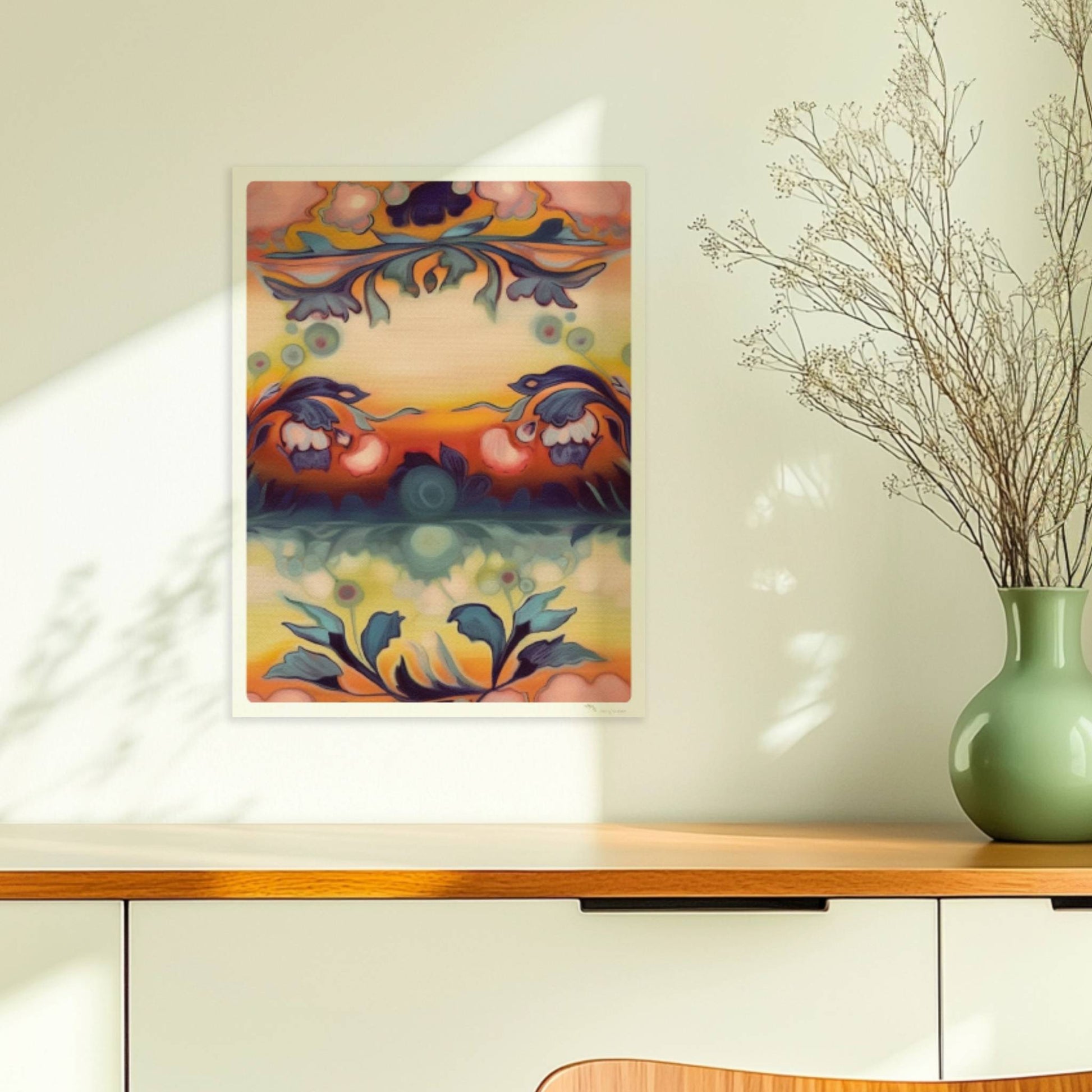 Symmetrische florale Komposition mit ornamentalen Elementen, ideal für dekorative Wandgestaltung im klassischen Stil.. Ohne Rahmen 30x40