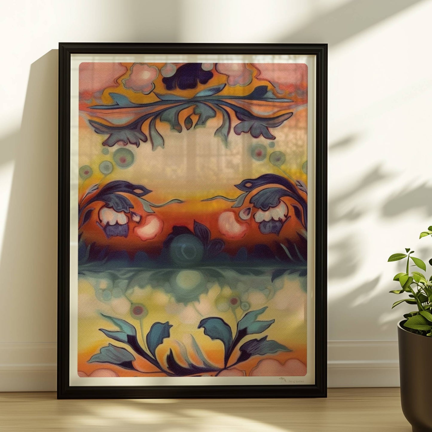 Symmetrische florale Komposition mit ornamentalen Elementen, ideal für dekorative Wandgestaltung im klassischen Stil.. Rahmen schwarz 30x40