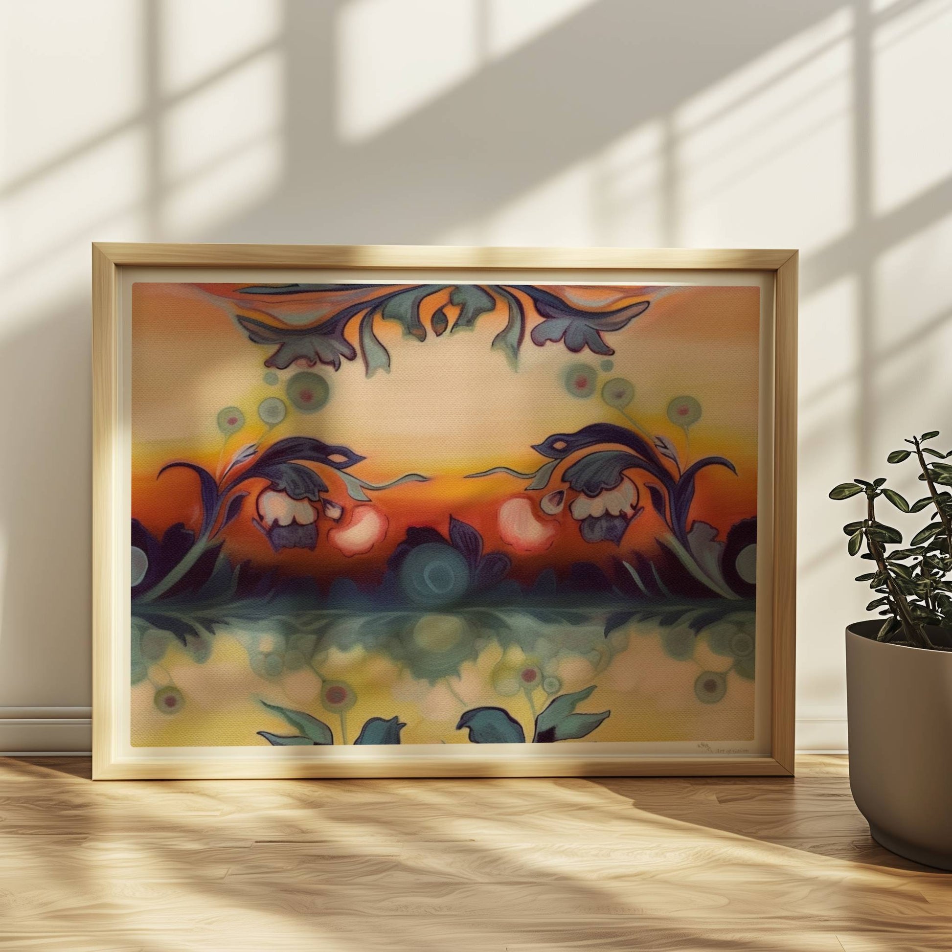 Symmetrische florale Komposition mit ornamentalen Elementen, ideal für dekorative Wandgestaltung im klassischen Stil.. Rahmen natur 40x30