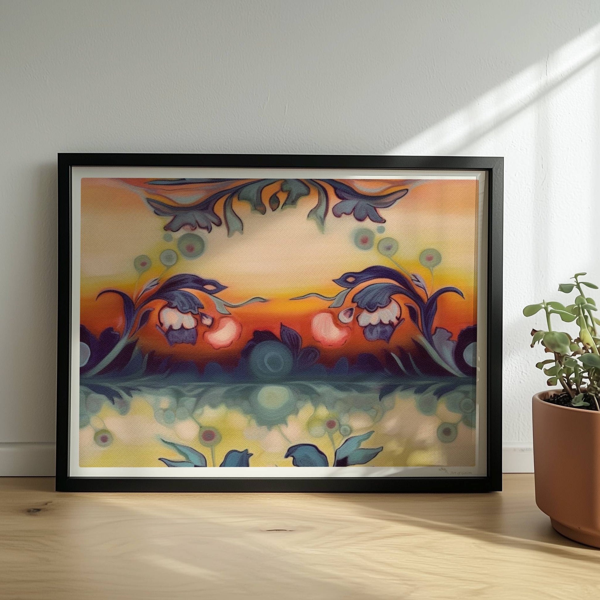 Symmetrische florale Komposition mit ornamentalen Elementen, ideal für dekorative Wandgestaltung im klassischen Stil.. Rahmen schwarz 40x30