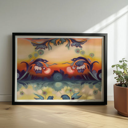 Symmetrische florale Komposition mit ornamentalen Elementen, ideal für dekorative Wandgestaltung im klassischen Stil.. Rahmen schwarz 40x30