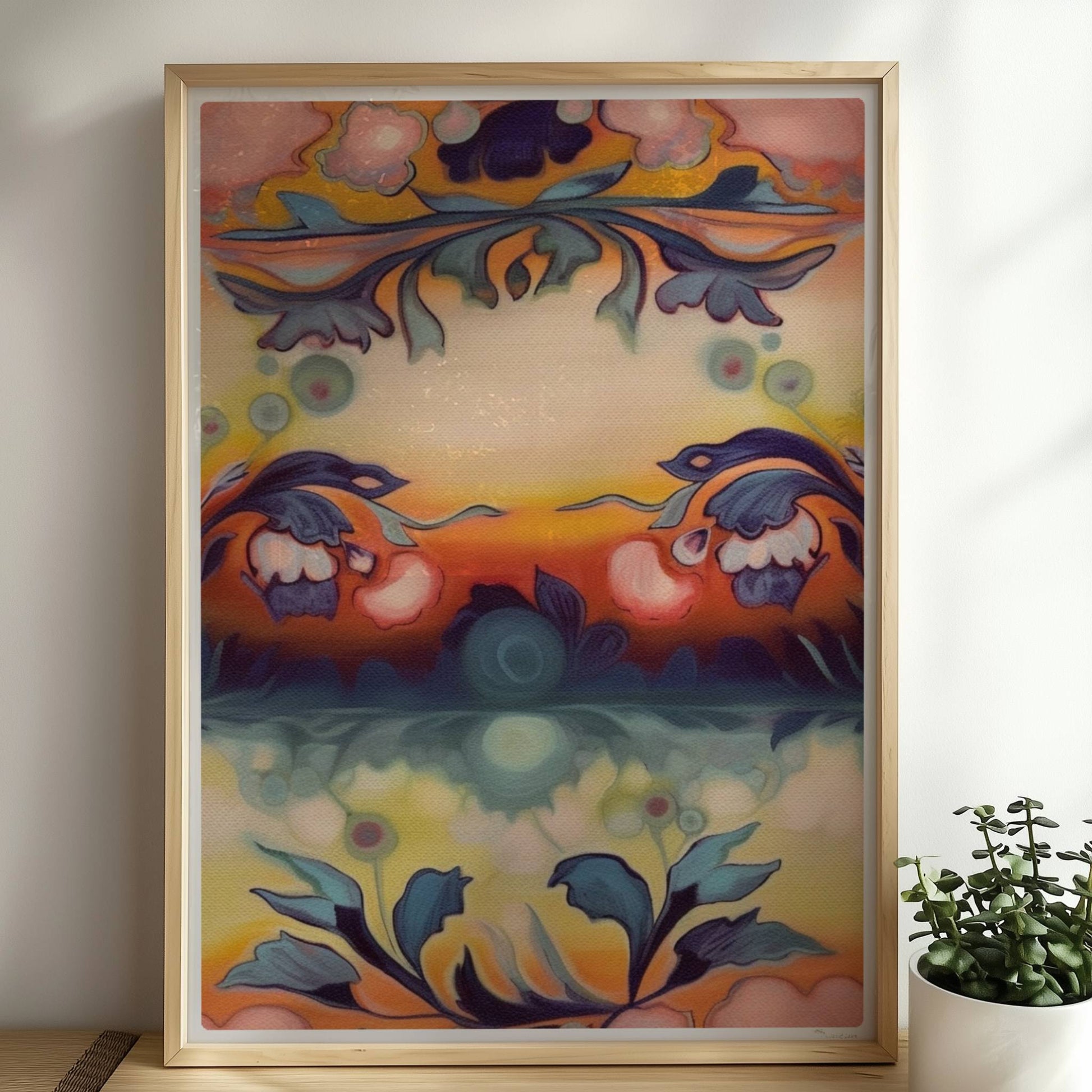 Symmetrische florale Komposition mit ornamentalen Elementen, ideal für dekorative Wandgestaltung im klassischen Stil.. Rahmen natur 50x70