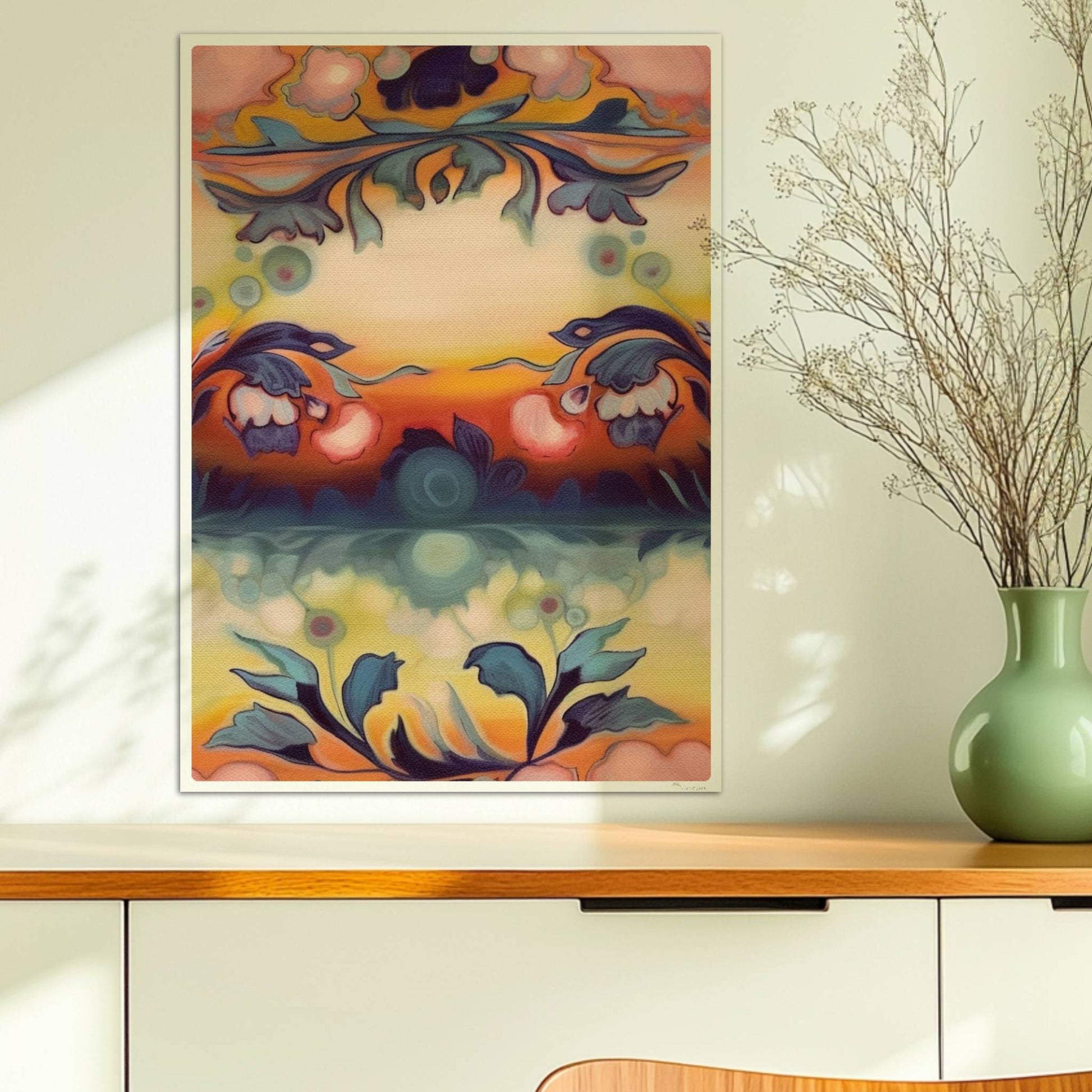 Symmetrische florale Komposition mit ornamentalen Elementen, ideal für dekorative Wandgestaltung im klassischen Stil.. Ohne Rahmen 50x70