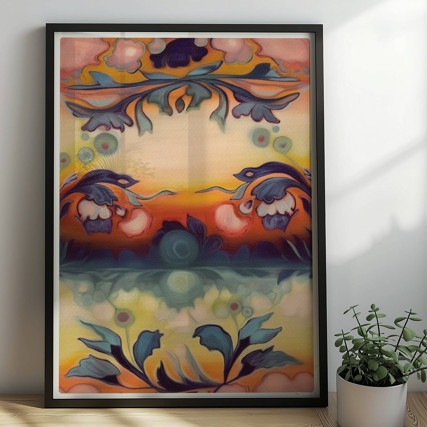Symmetrische florale Komposition mit ornamentalen Elementen, ideal für dekorative Wandgestaltung im klassischen Stil.. Rahmen schwarz 50x70